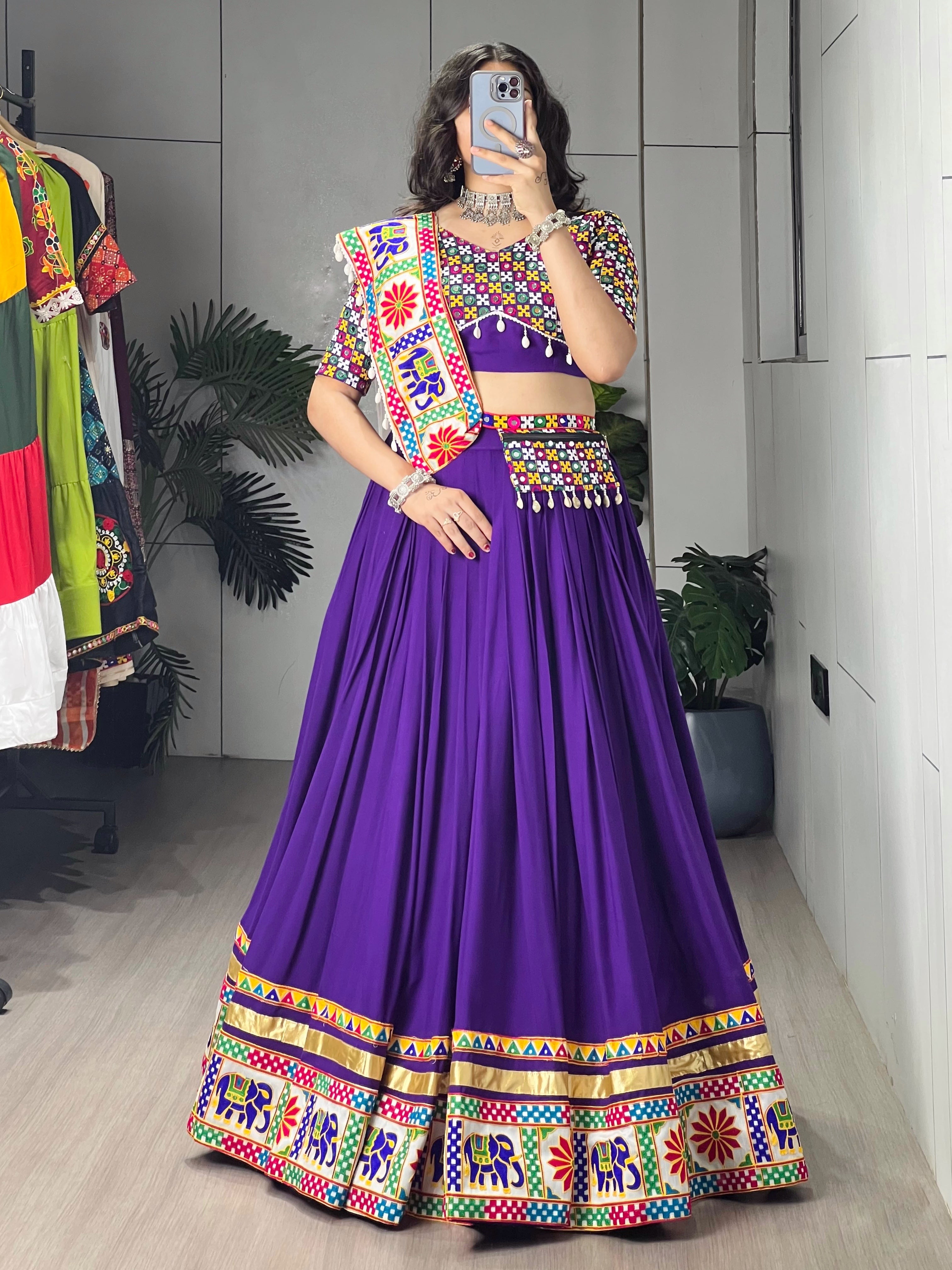 Purple Color Gamthi Mirror Work Lehenga Choli