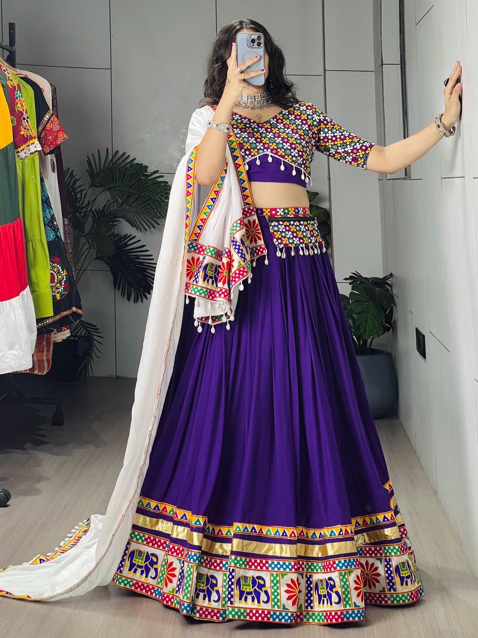 Purple Color Gamthi Mirror Work Lehenga Choli