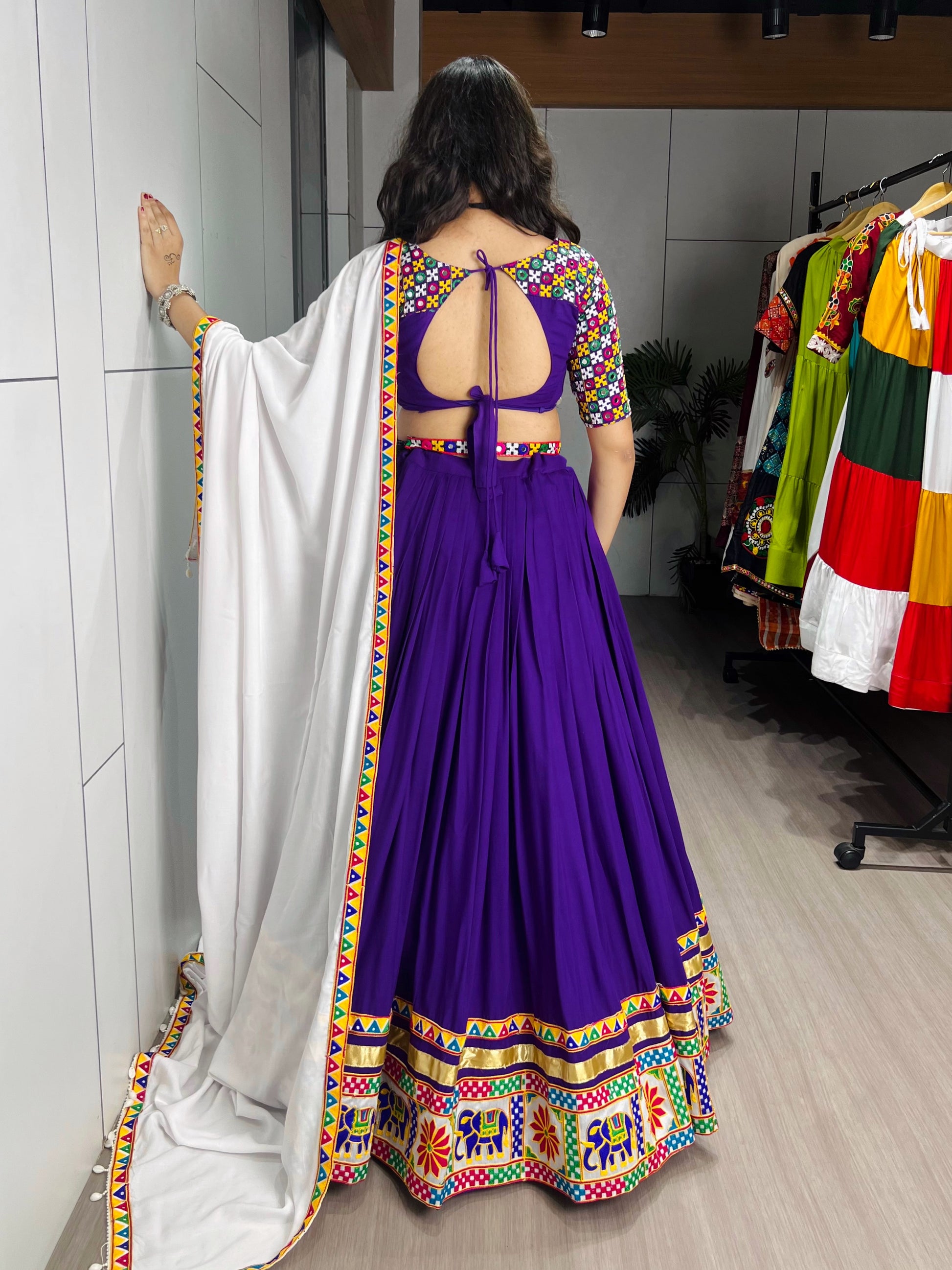Purple Color Gamthi Mirror Work Lehenga Choli