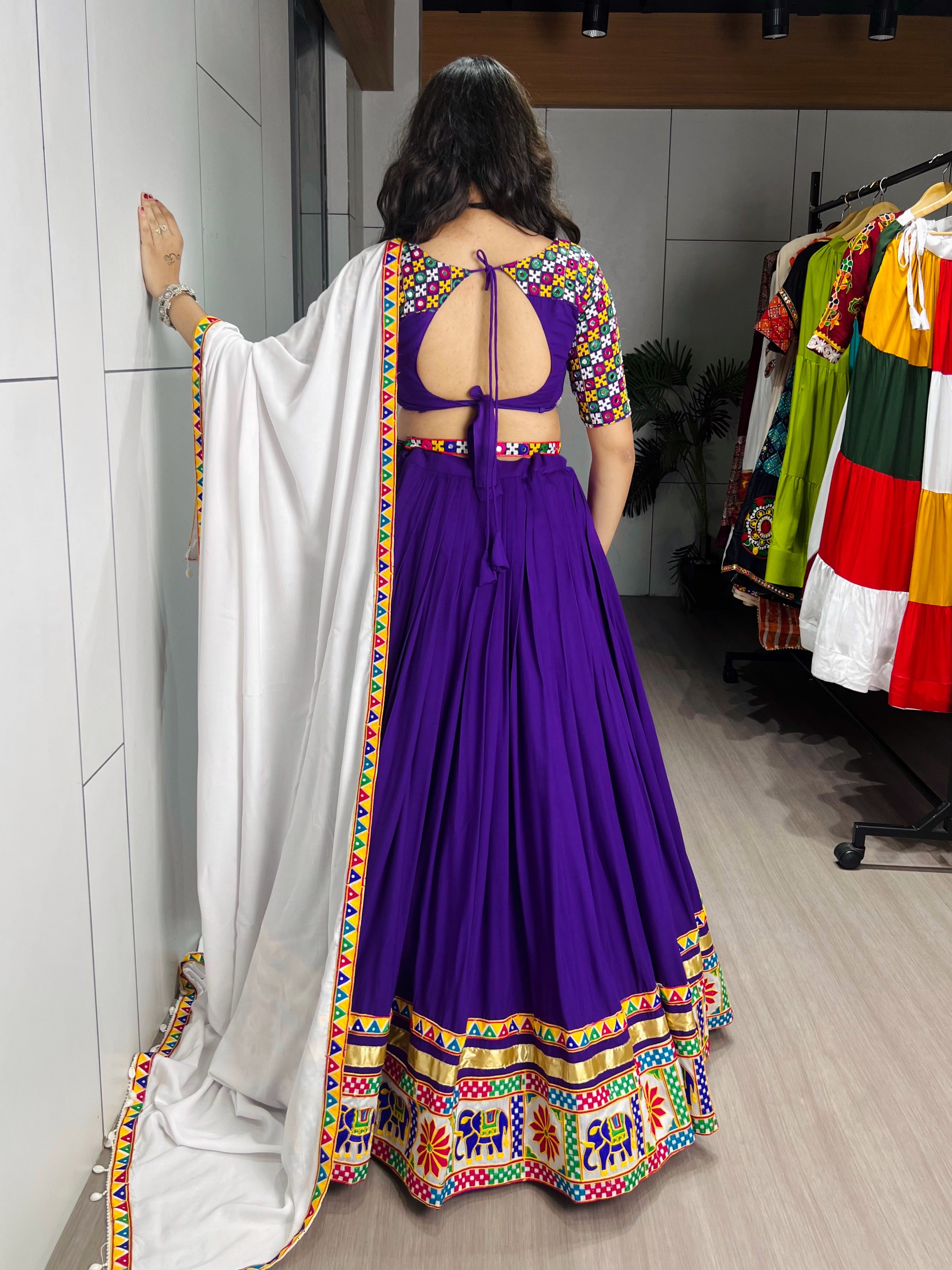 Purple Color Gamthi Mirror Work Lehenga Choli