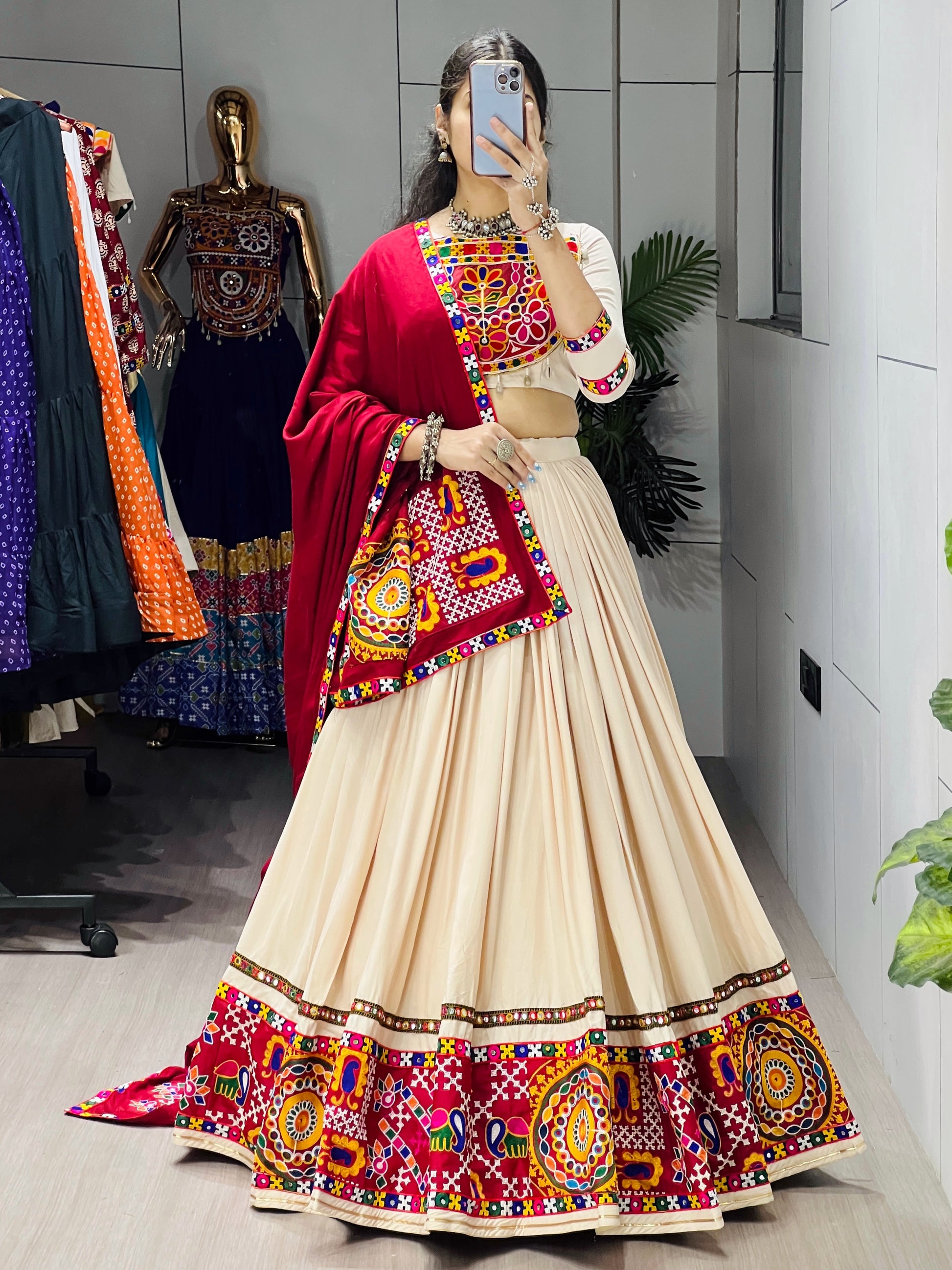 Vanilla Color Premium Gamthi Mirror Work Lehenga Choli