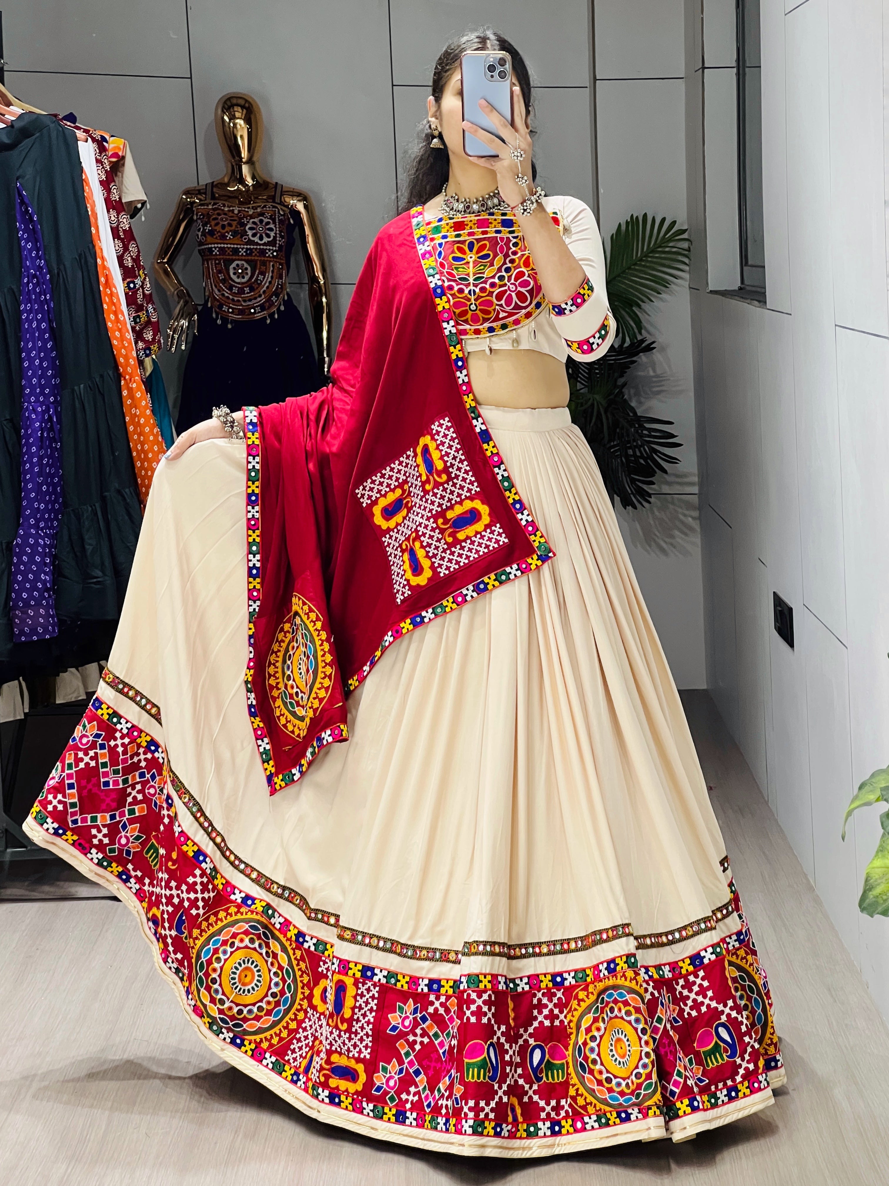 Vanilla Color Premium Gamthi Mirror Work Lehenga Choli