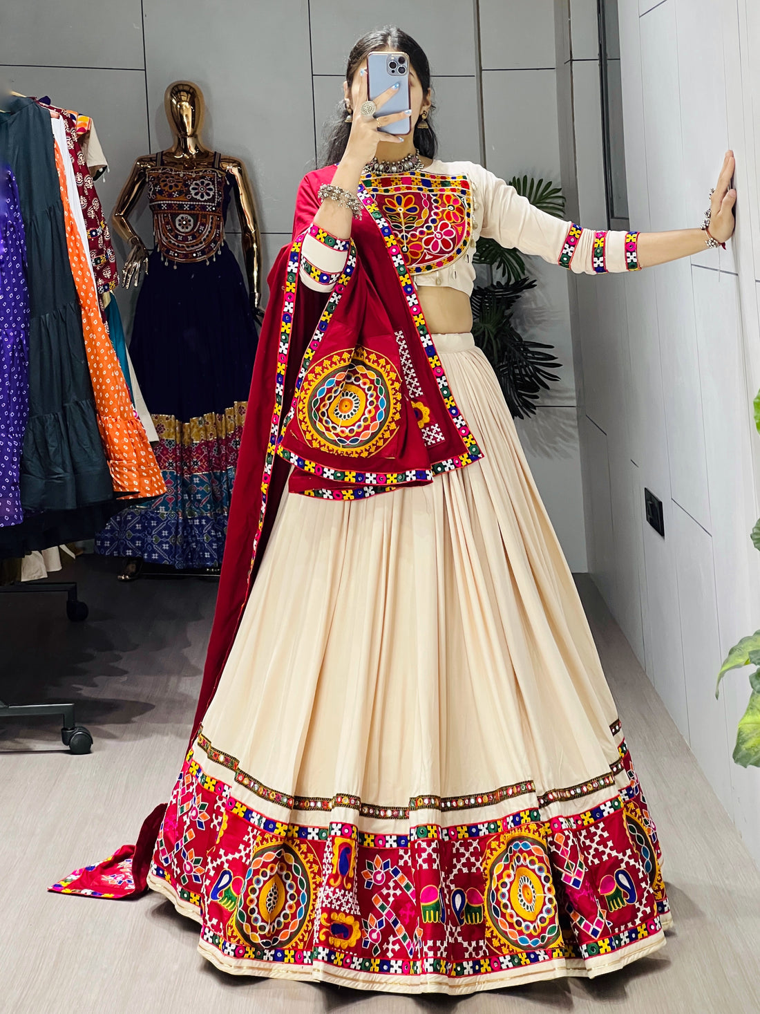 Vanilla Color Premium Gamthi Mirror Work Lehenga Choli