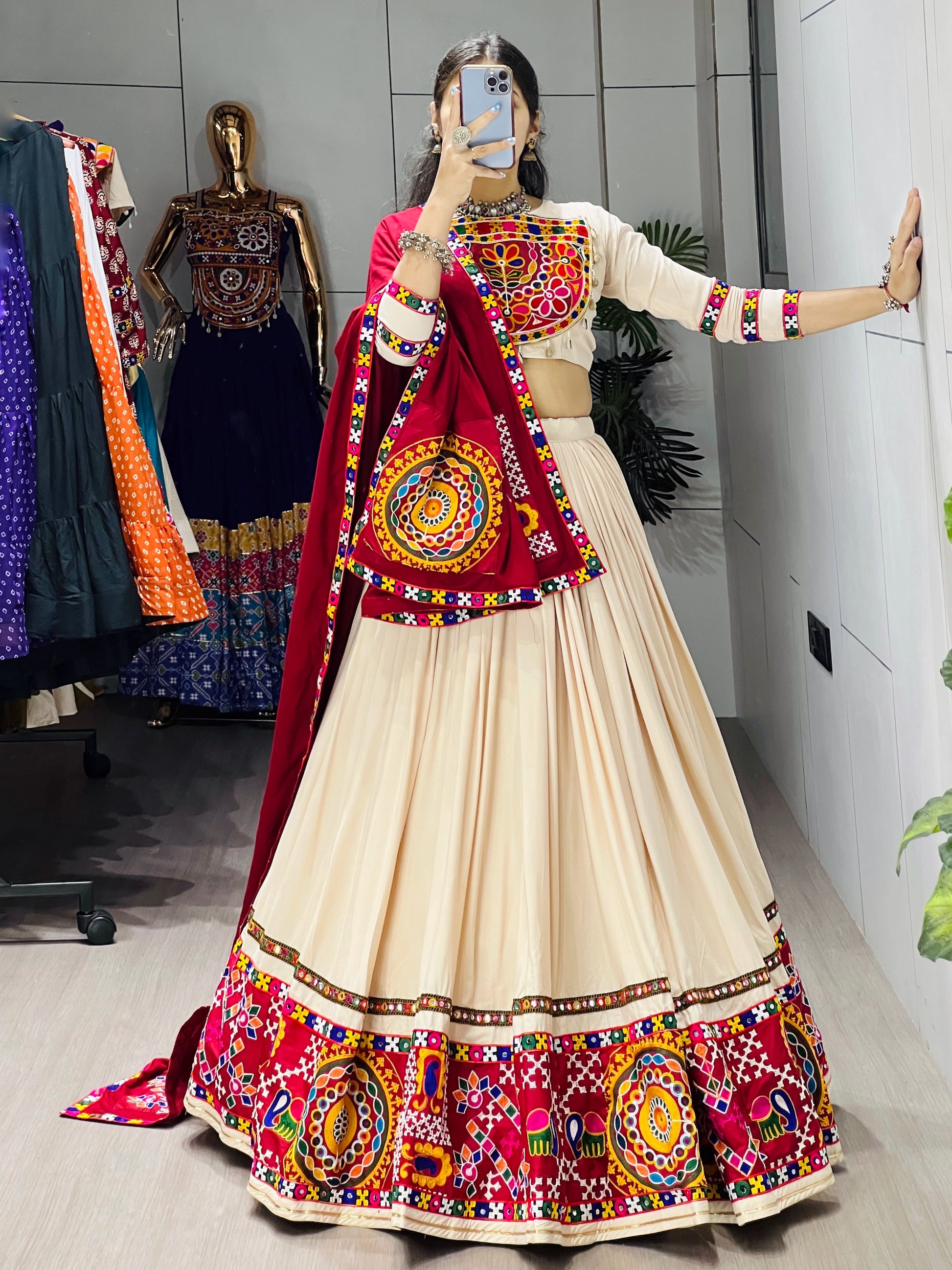 Vanilla Color Premium Gamthi Mirror Work Lehenga Choli