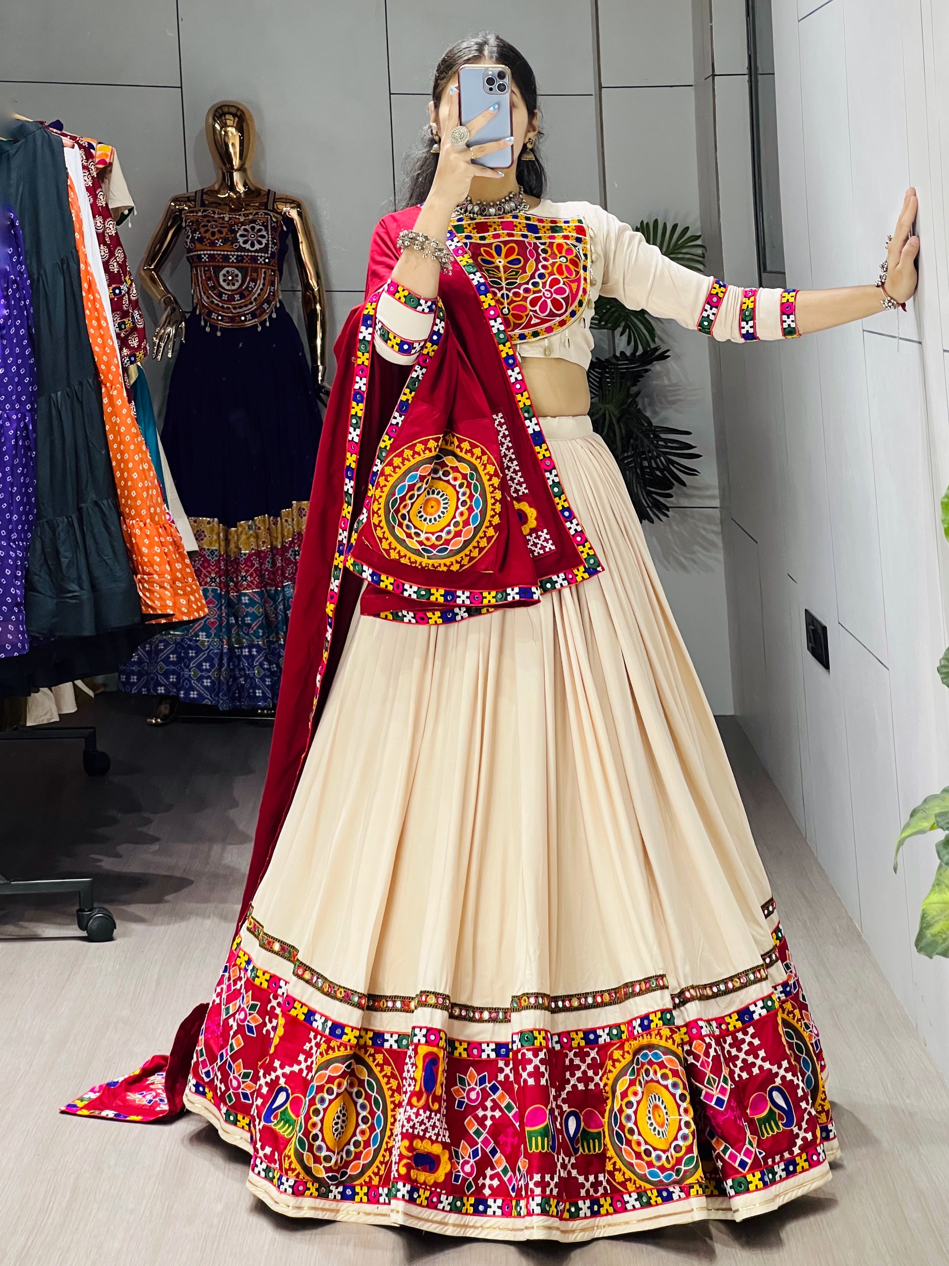 Vanilla Color Premium Gamthi Mirror Work Lehenga Choli