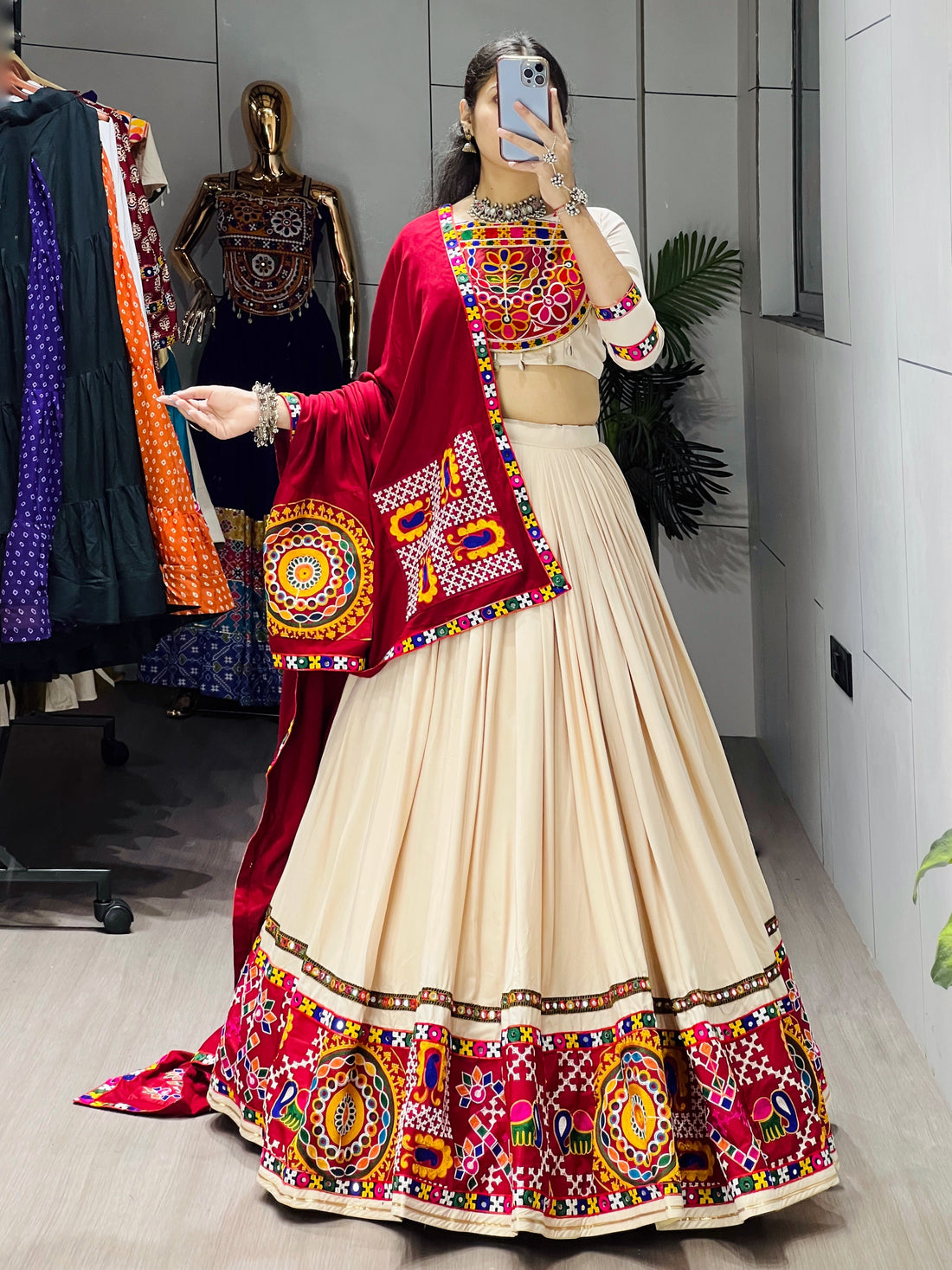 Vanilla Color Premium Gamthi Mirror Work Lehenga Choli - Lehenga Choli