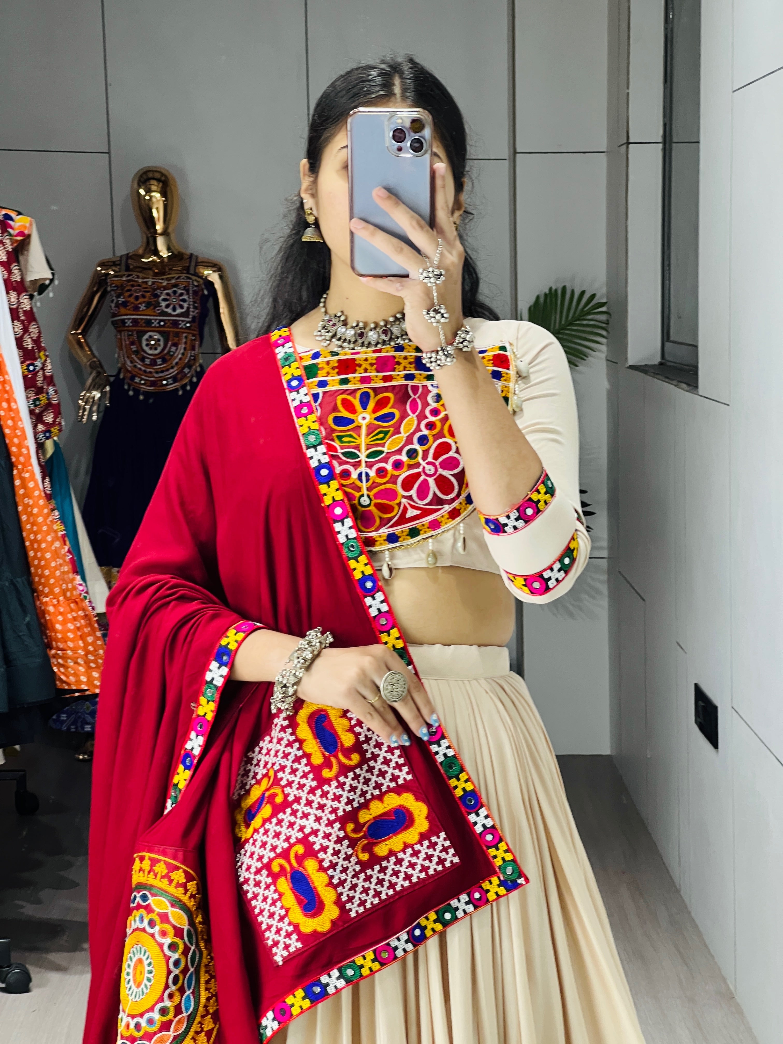 Vanilla Color Premium Gamthi Mirror Work Lehenga Choli