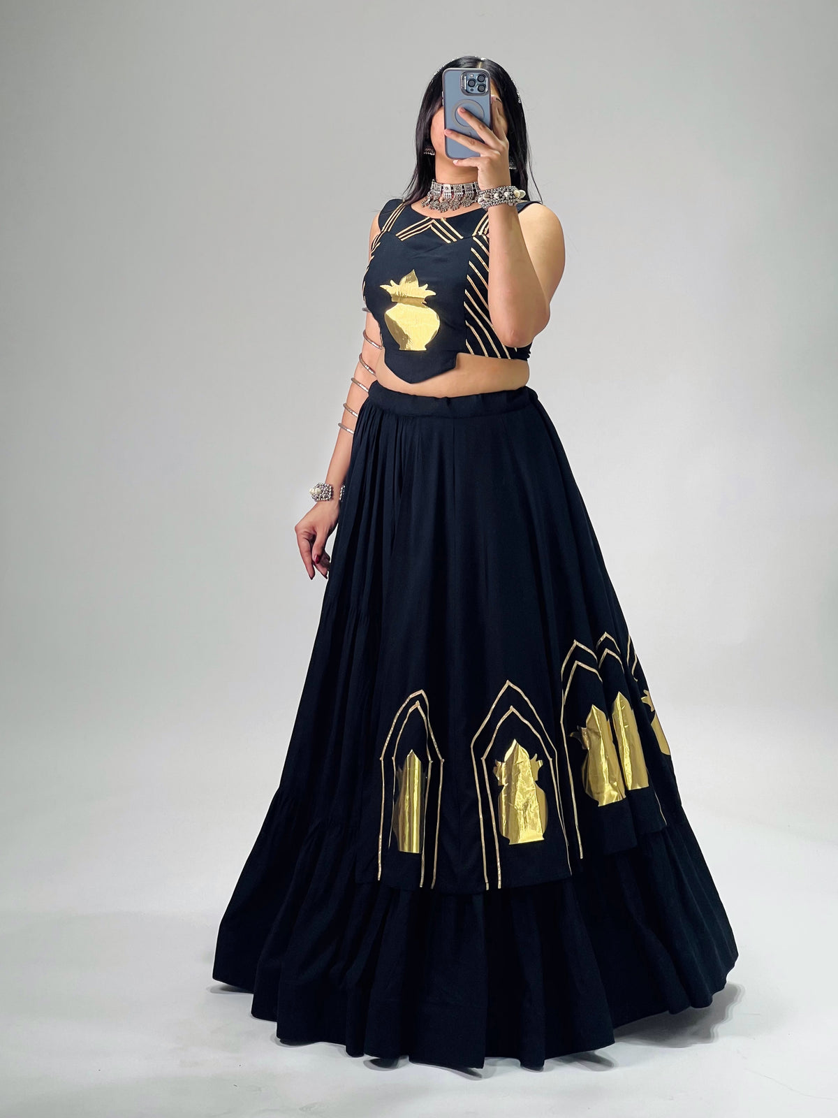 Stylish Lehenga With Golden "Kalash" Patch Work