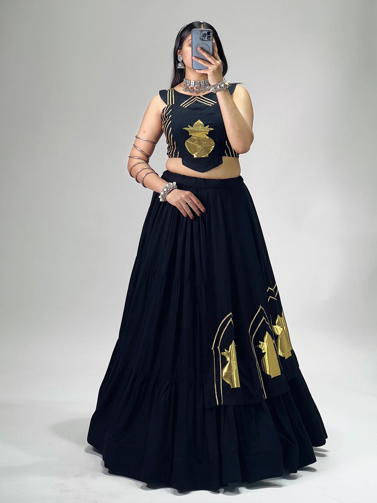 Stylish Lehenga With Golden "Kalash" Patch Work