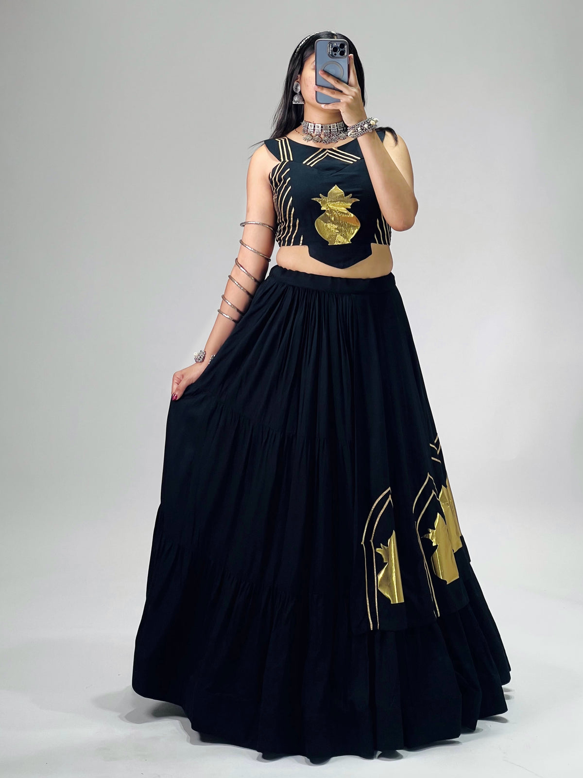 Stylish Lehenga With Golden "Kalash" Patch Work