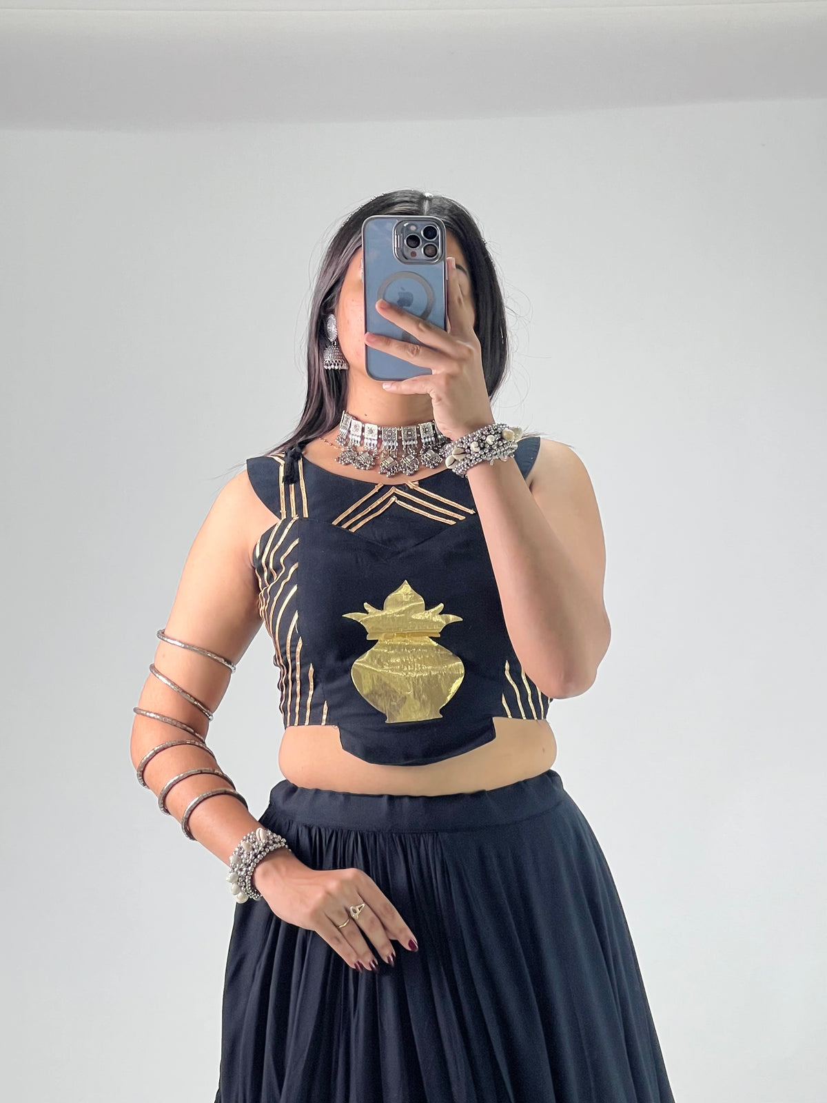 Stylish Lehenga With Golden "Kalash" Patch Work