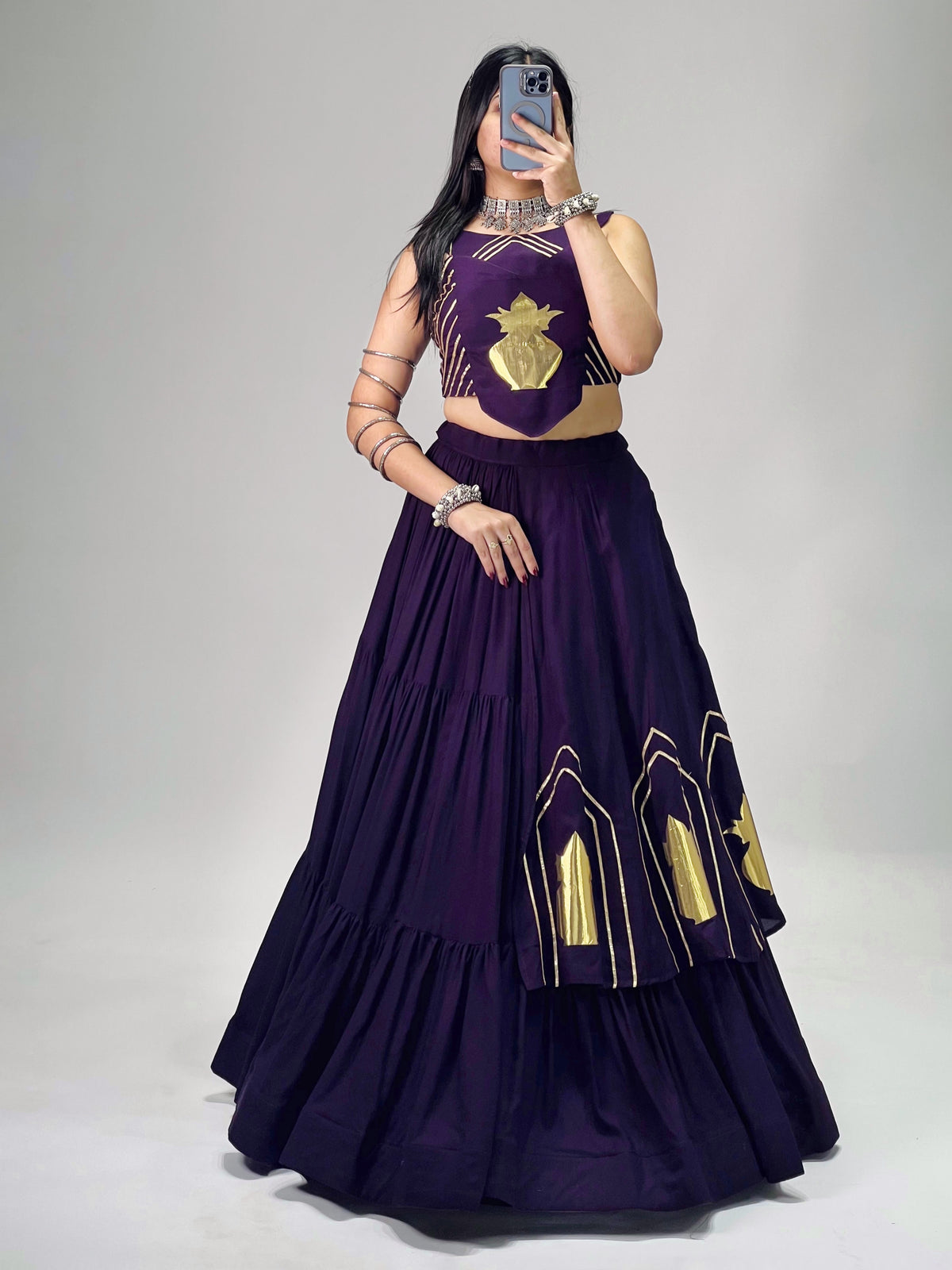 Stylish Lehenga With Golden "Kalash" Patch Work