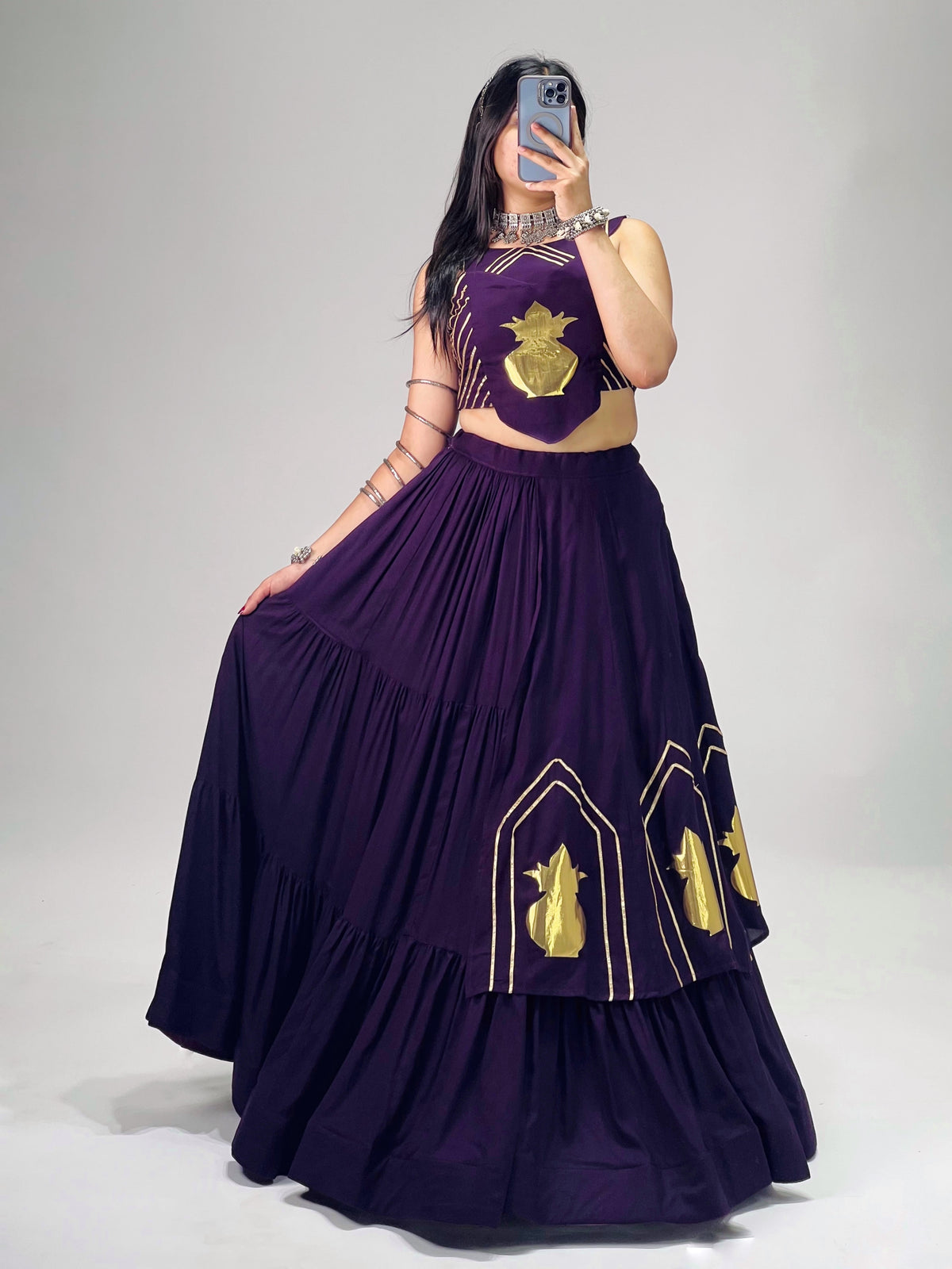 Stylish Lehenga With Golden "Kalash" Patch Work