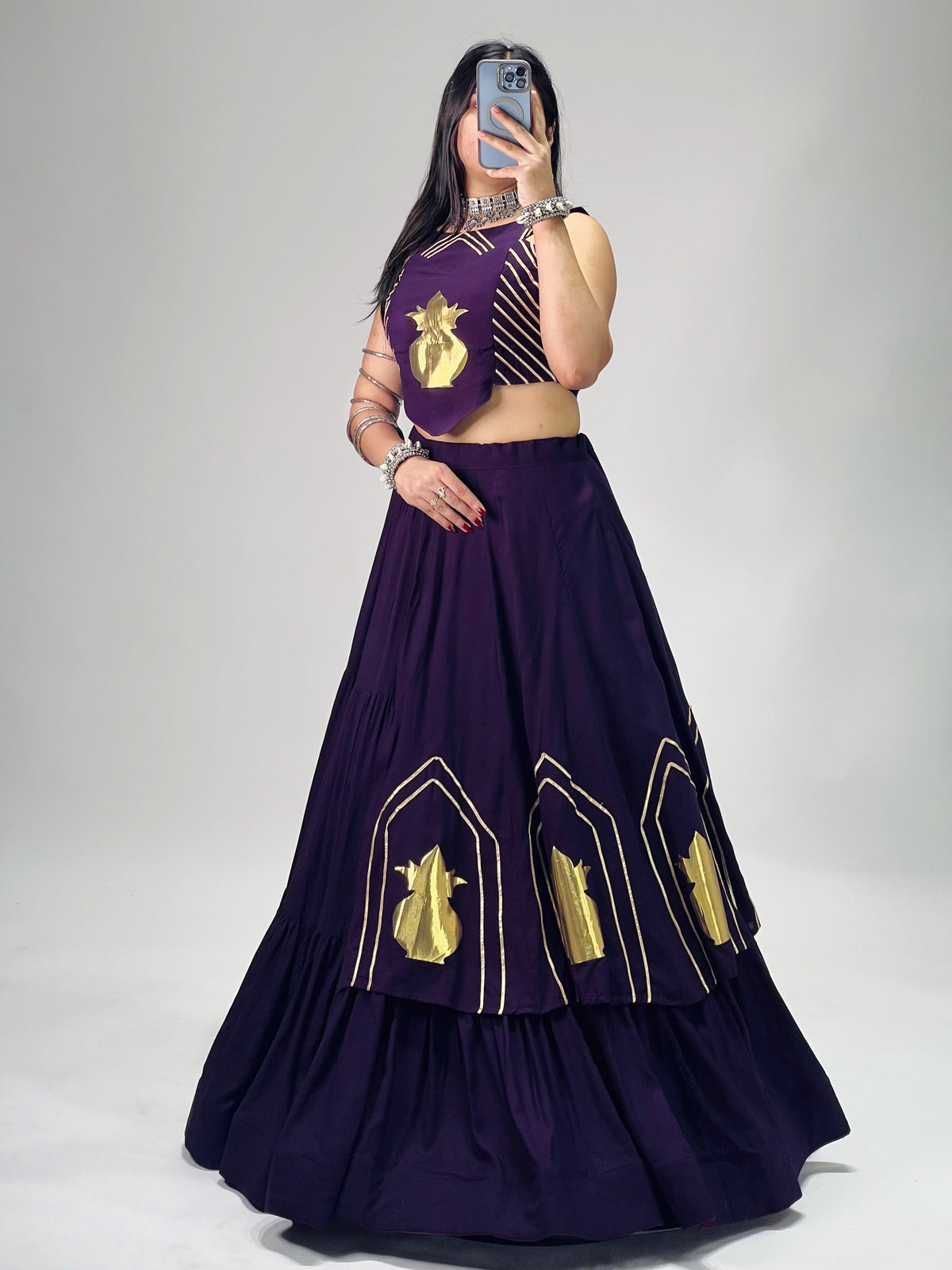 Stylish Lehenga With Golden "Kalash" Patch Work