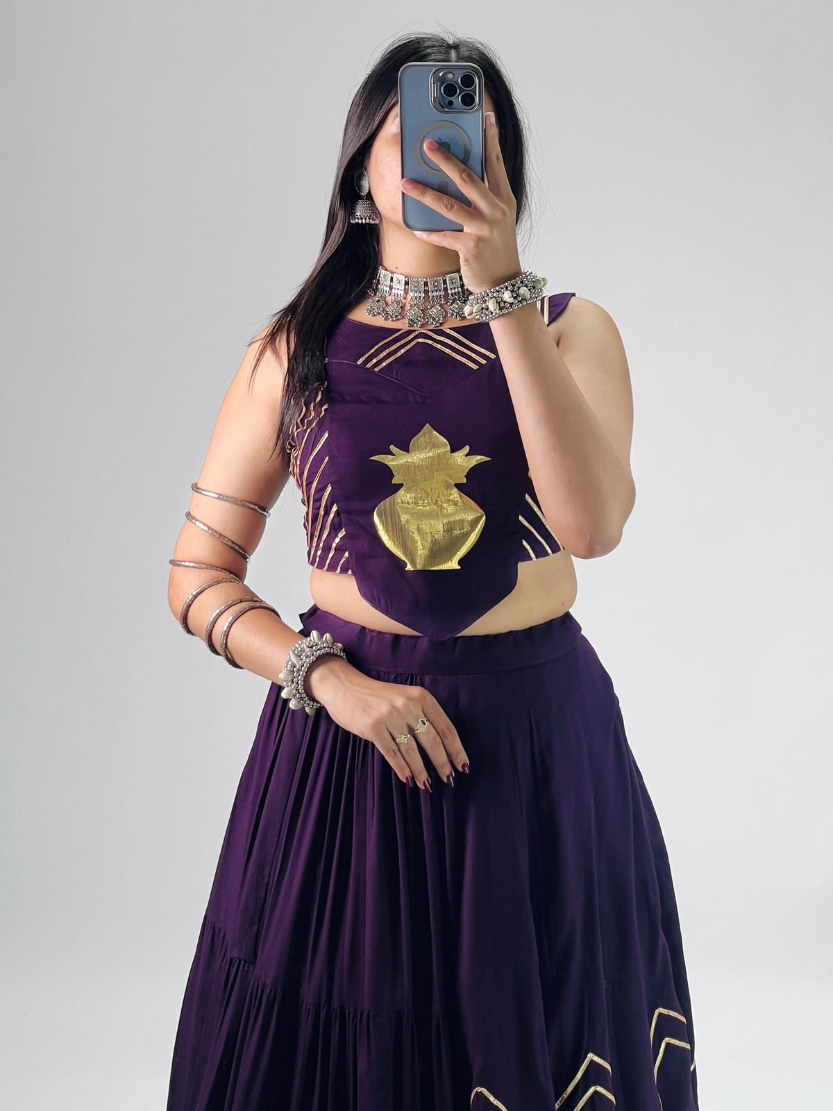 Stylish Lehenga With Golden "Kalash" Patch Work