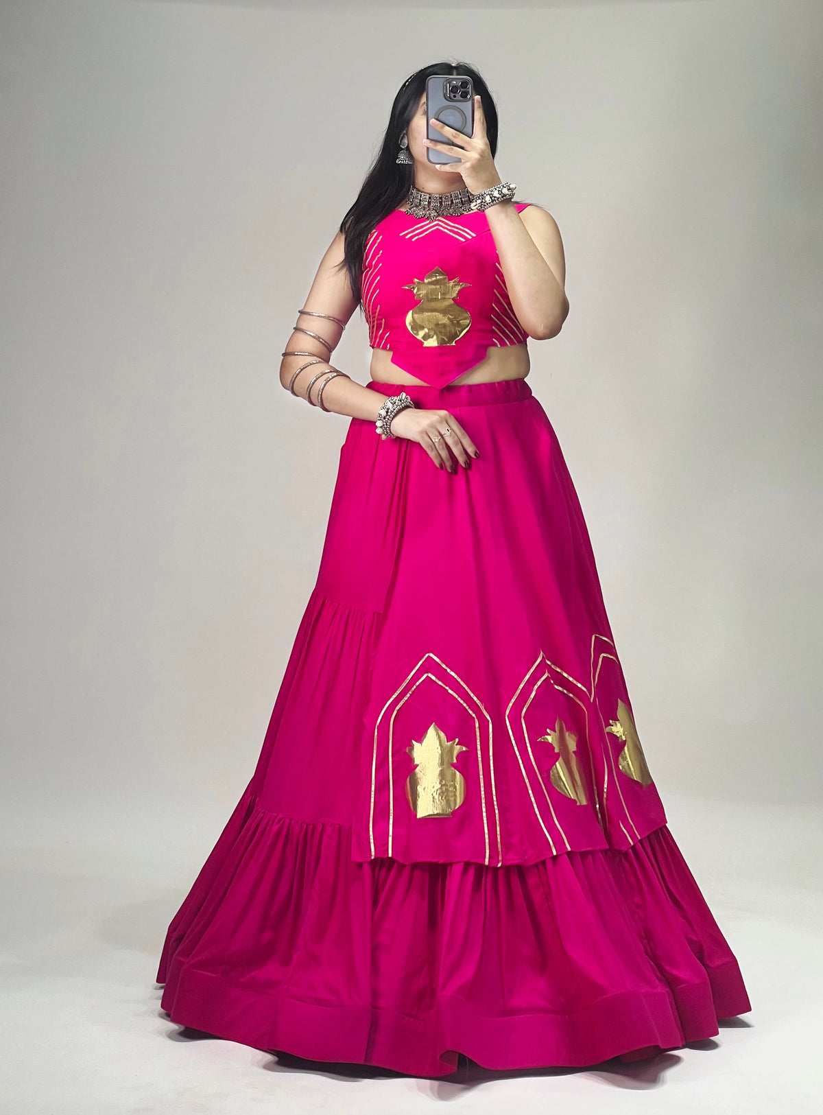 Stylish Lehenga With Golden "Kalash" Patch Work