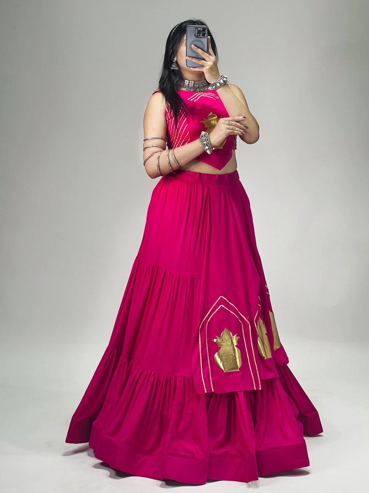 Stylish Lehenga With Golden "Kalash" Patch Work