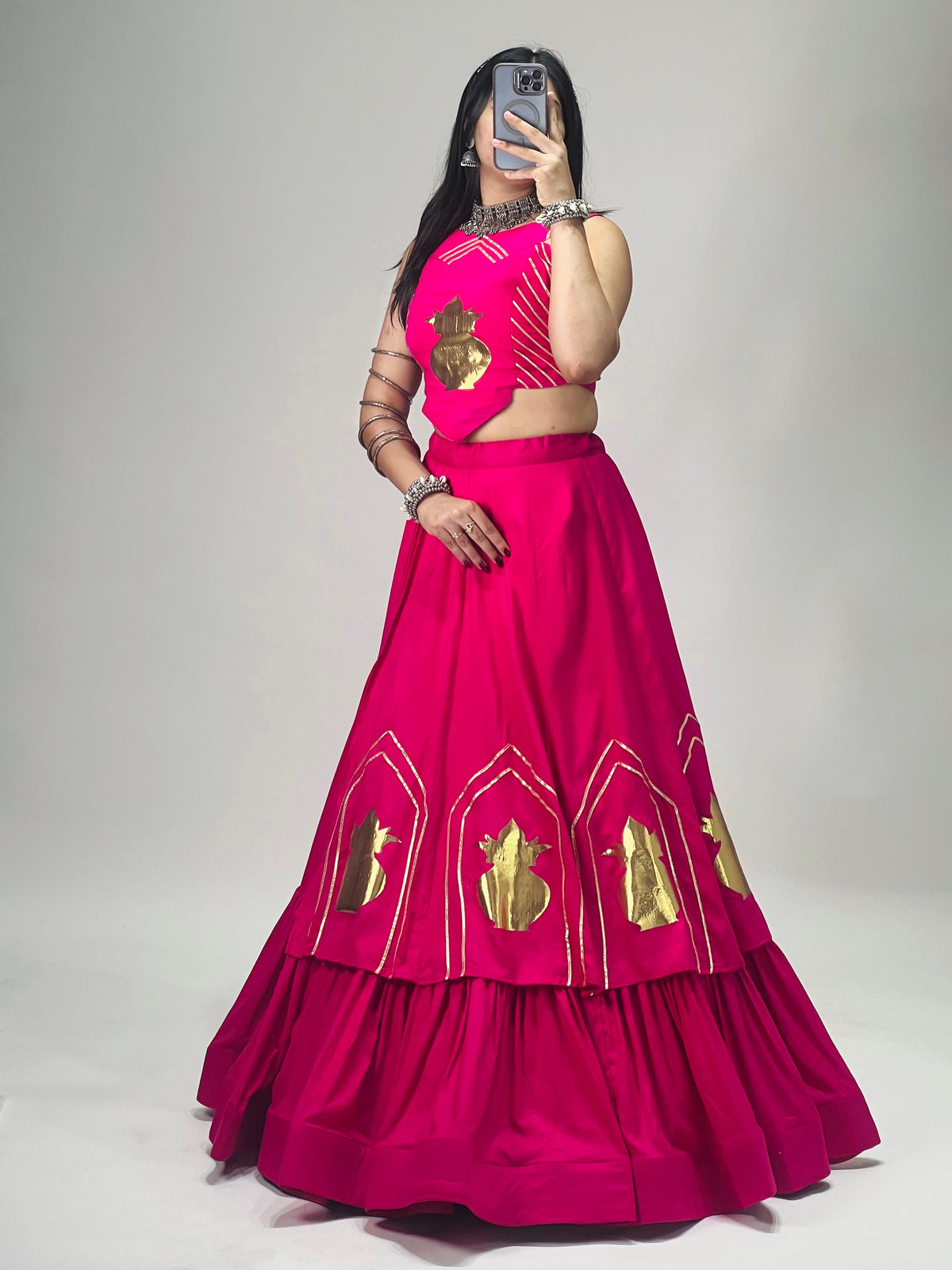 Stylish Lehenga With Golden "Kalash" Patch Work