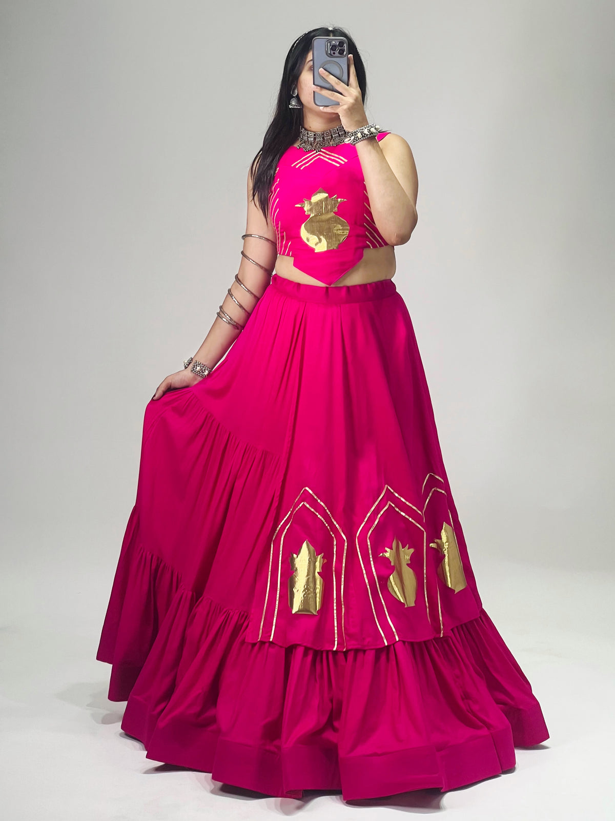 Stylish Lehenga With Golden "Kalash" Patch Work