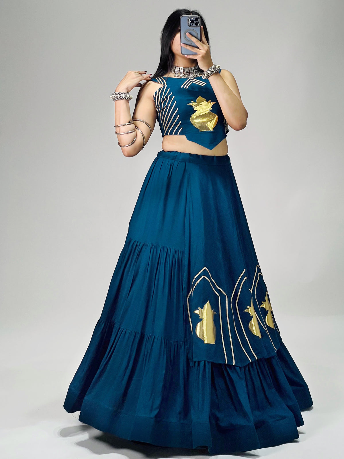 Stylish Lehenga With Golden "Kalash" Patch Work