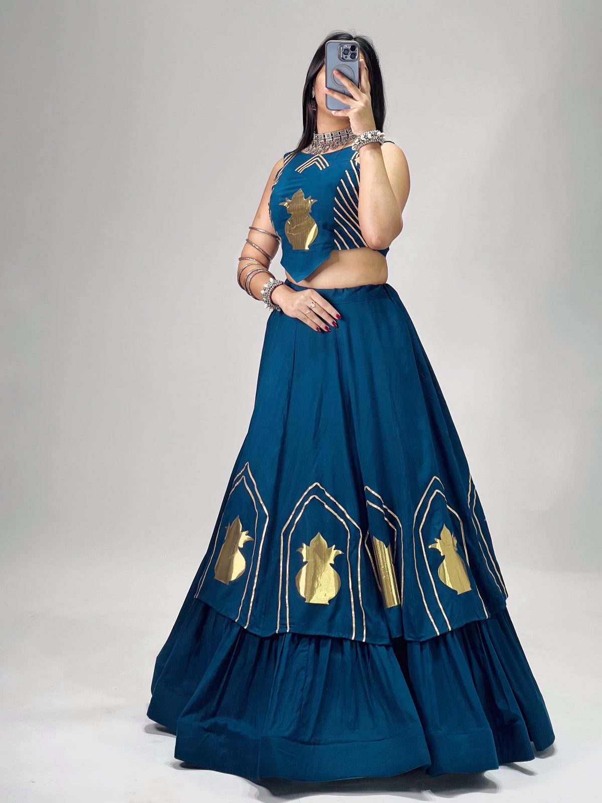 Stylish Lehenga With Golden "Kalash" Patch Work