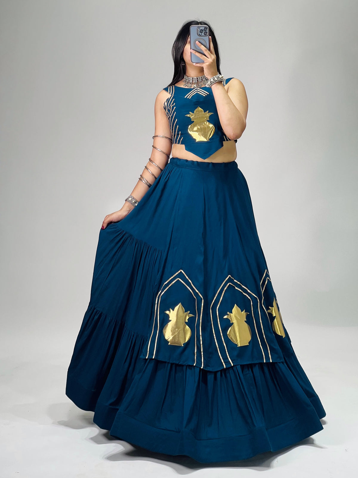 Stylish Lehenga With Golden "Kalash" Patch Work
