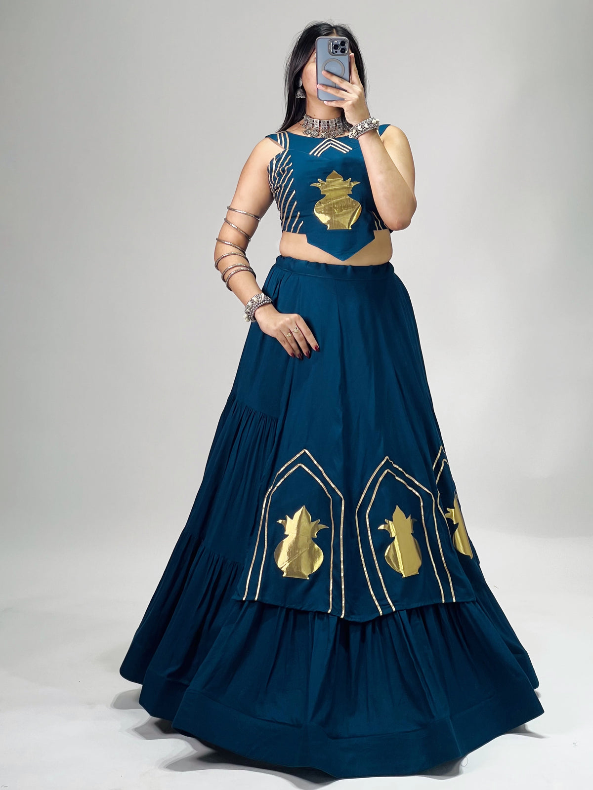 Stylish Lehenga With Golden "Kalash" Patch Work