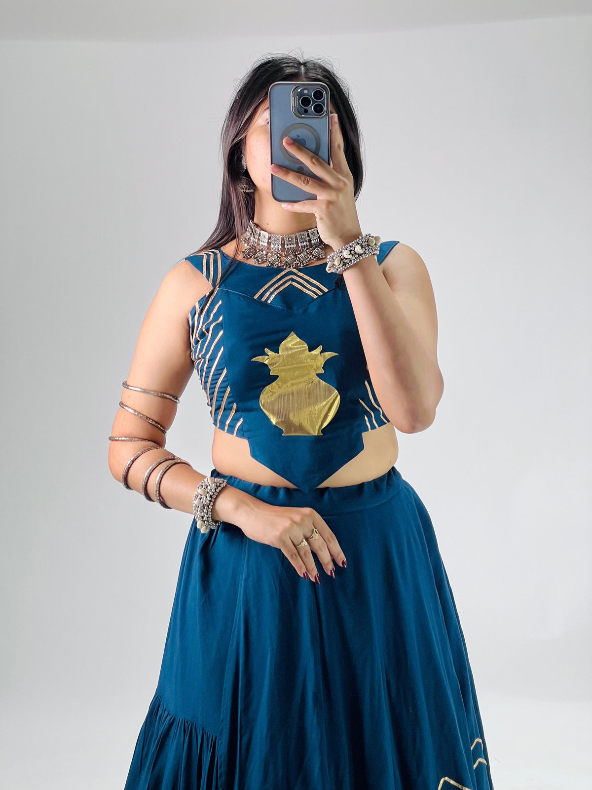Stylish Lehenga With Golden "Kalash" Patch Work