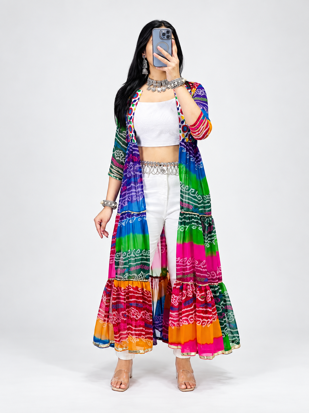Multicolor Printed Long Shrug For Navratri - Lehenga Choli