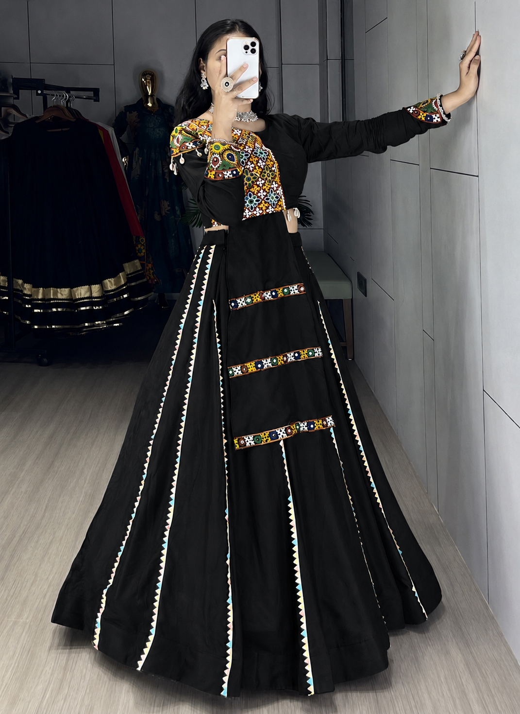 Gamthi and Real Mirror Work Chaniya Choli