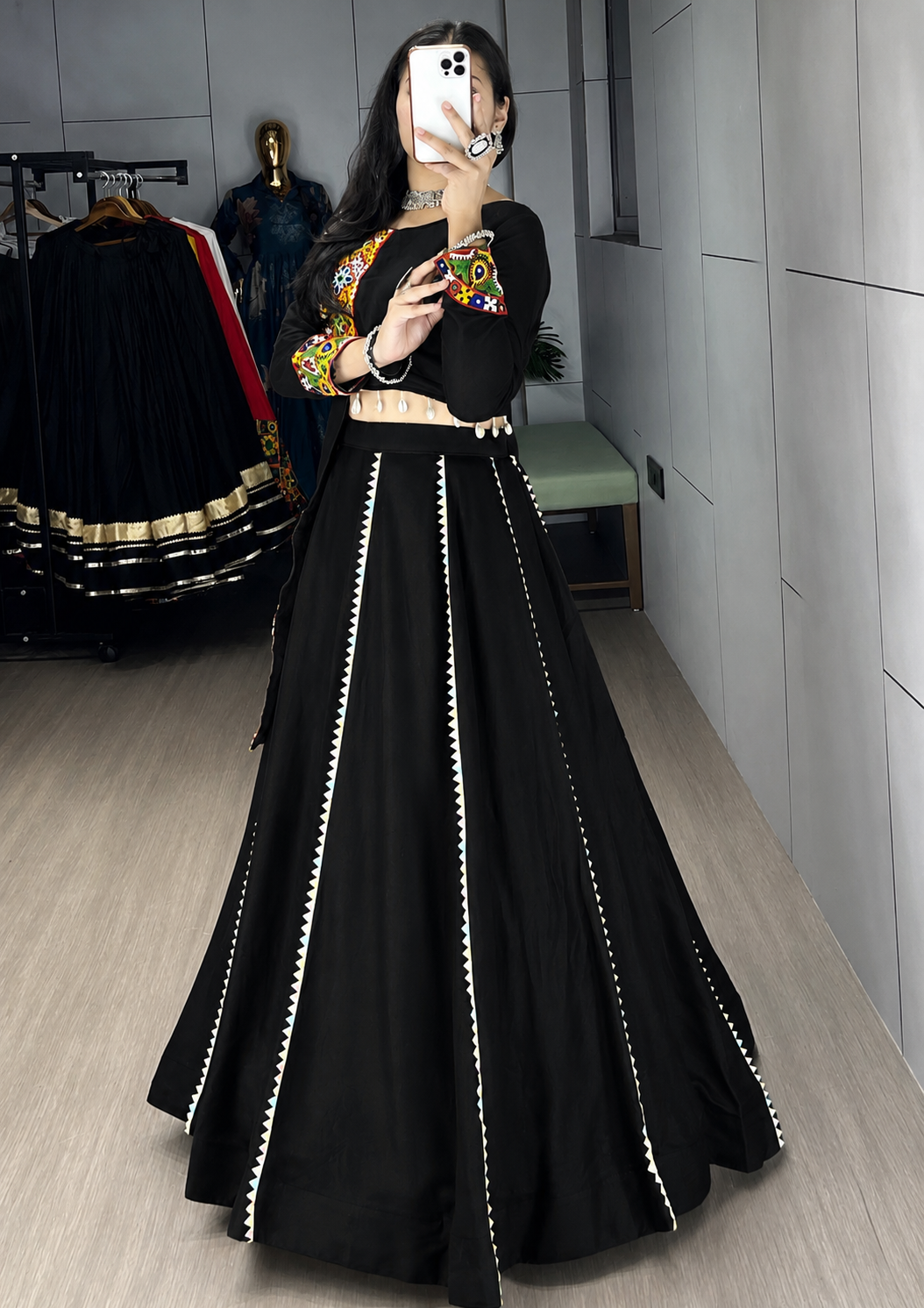 Gamthi and Real Mirror Work Chaniya Choli