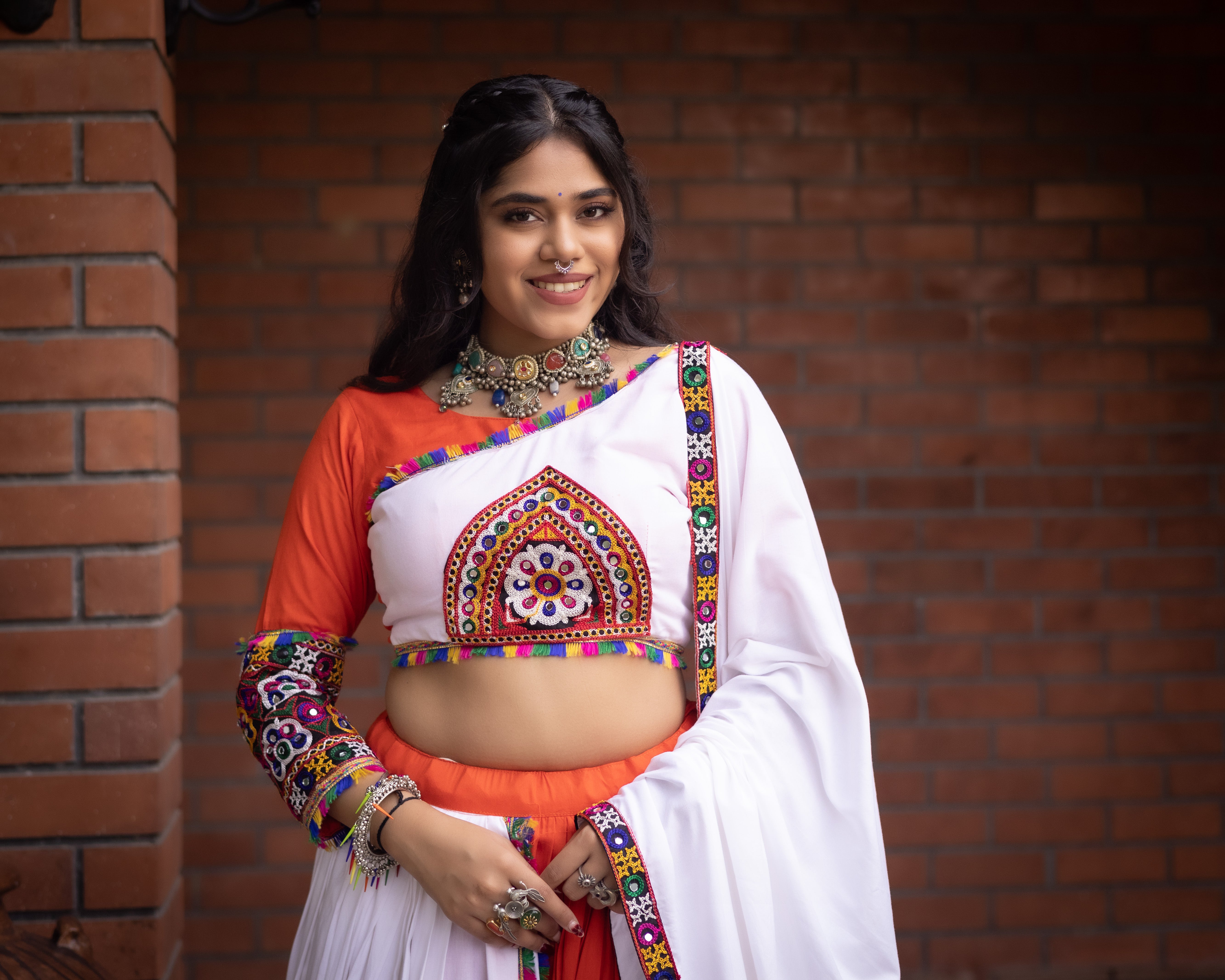 Embroidered Kutchi-Work Chaniya Choli with Dual-Tone Paneled Skirt