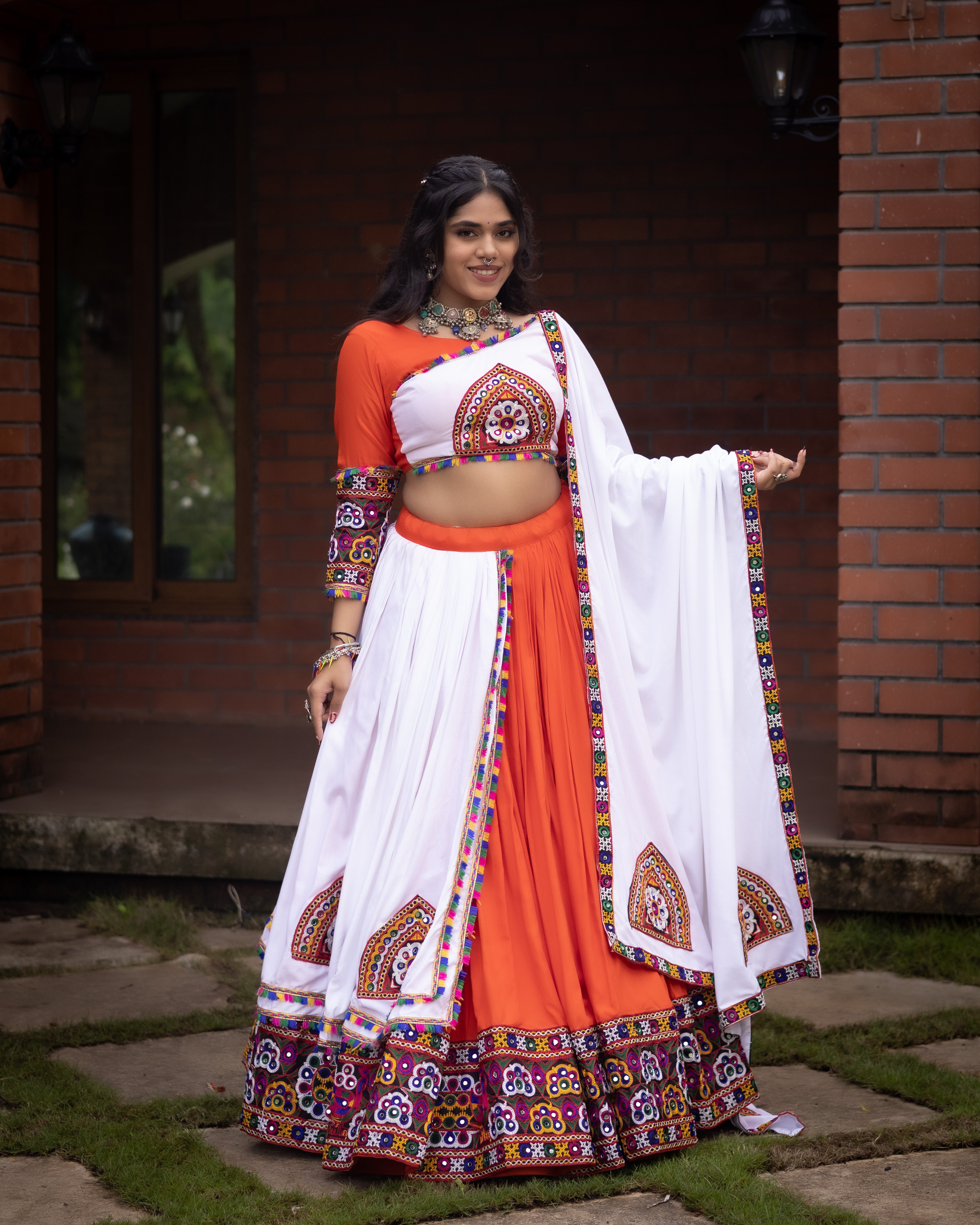 Embroidered Kutchi-Work Chaniya Choli with Dual-Tone Paneled Skirt