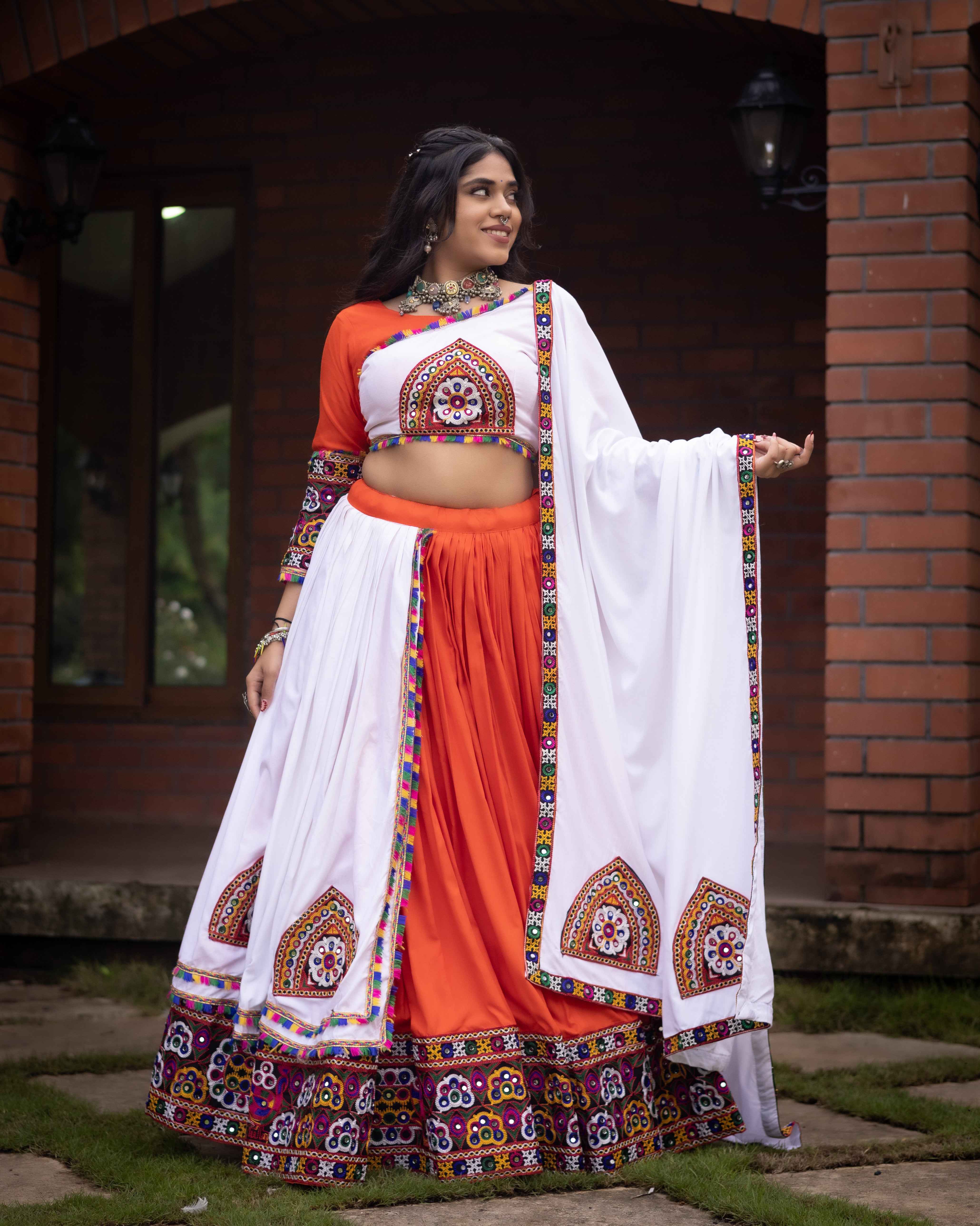 Embroidered Kutchi-Work Chaniya Choli with Dual-Tone Paneled Skirt