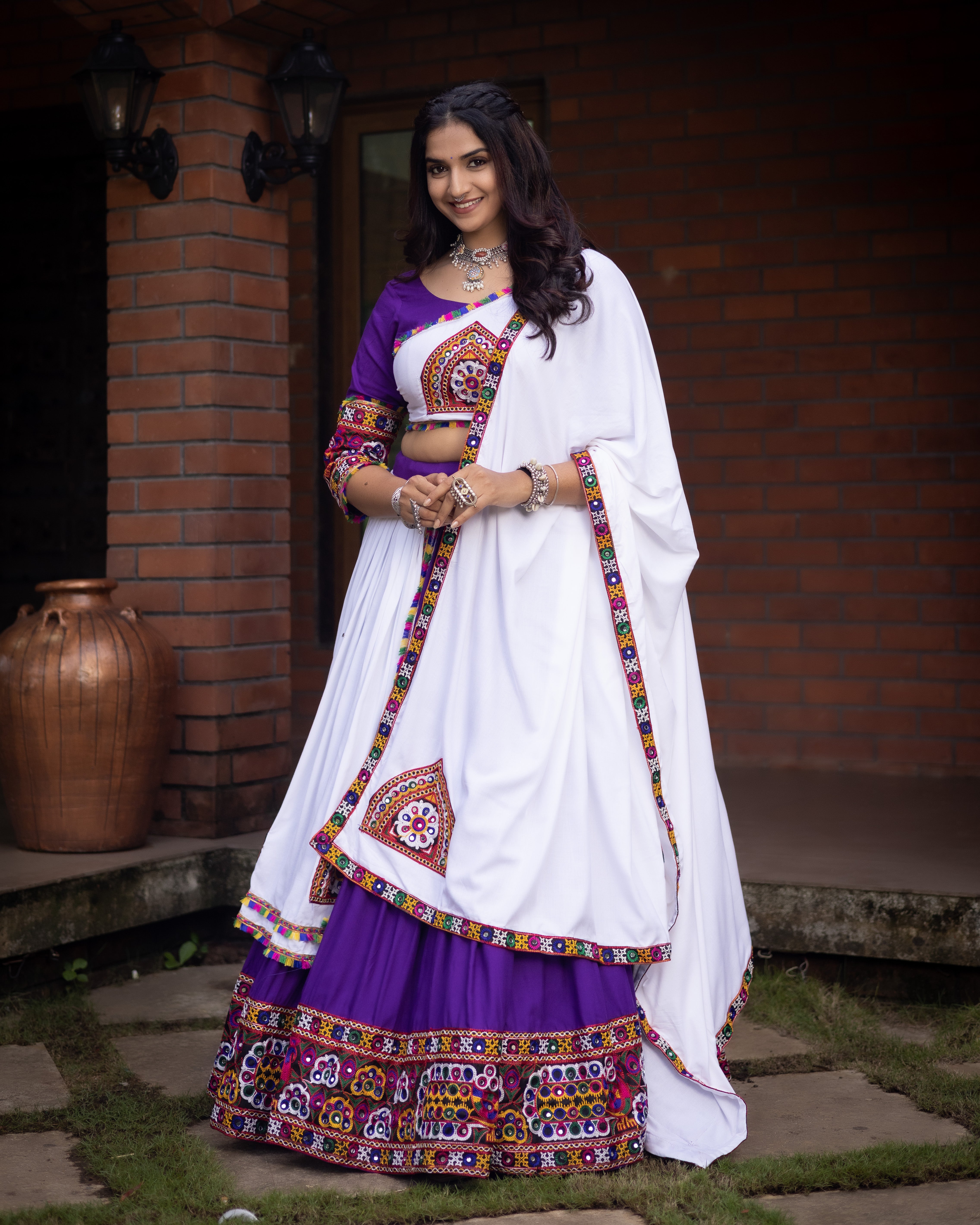 Embroidered Kutchi-Work Chaniya Choli with Dual-Tone Paneled Skirt