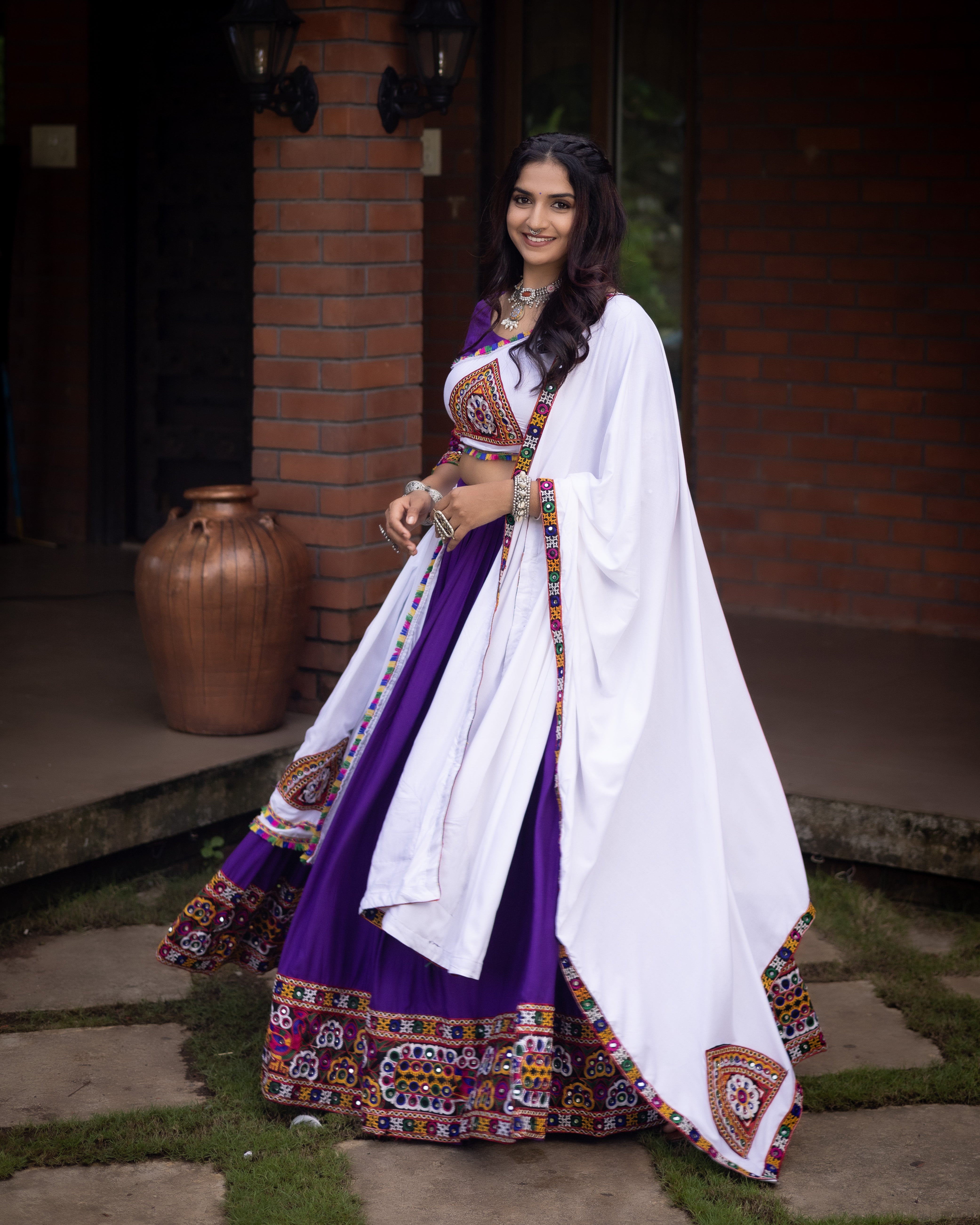 Embroidered Kutchi-Work Chaniya Choli with Dual-Tone Paneled Skirt