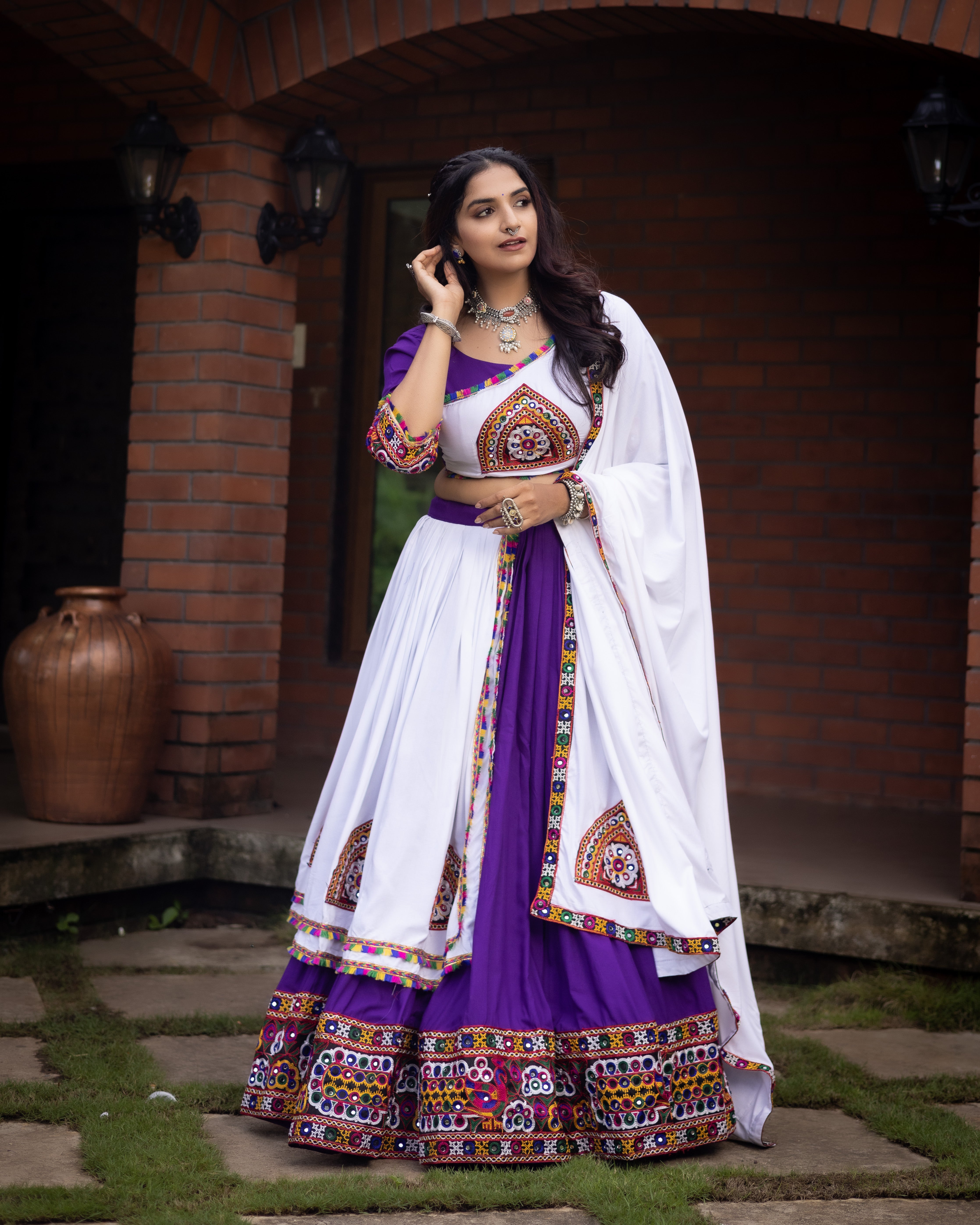 Embroidered Kutchi-Work Chaniya Choli with Dual-Tone Paneled Skirt