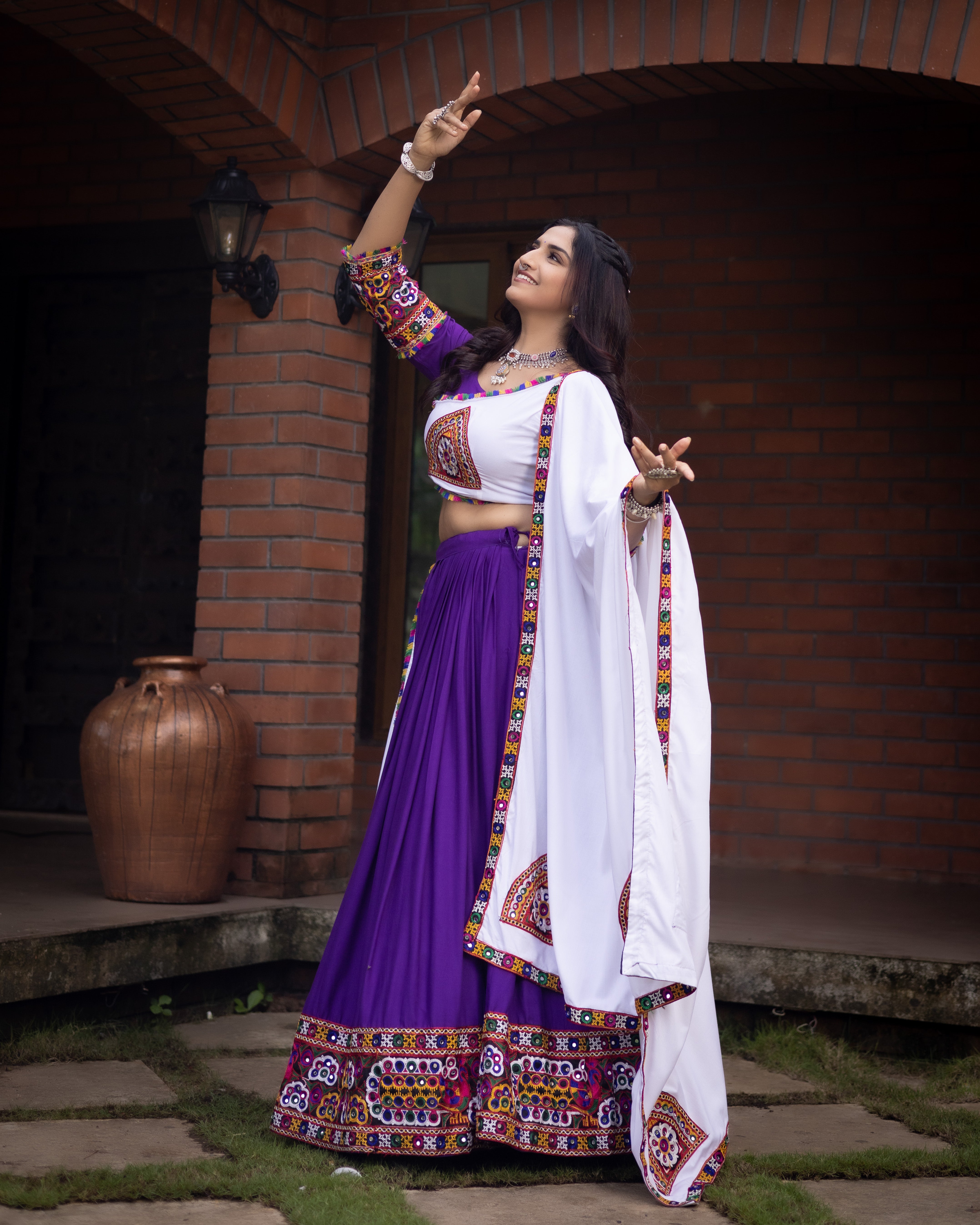 Embroidered Kutchi-Work Chaniya Choli with Dual-Tone Paneled Skirt