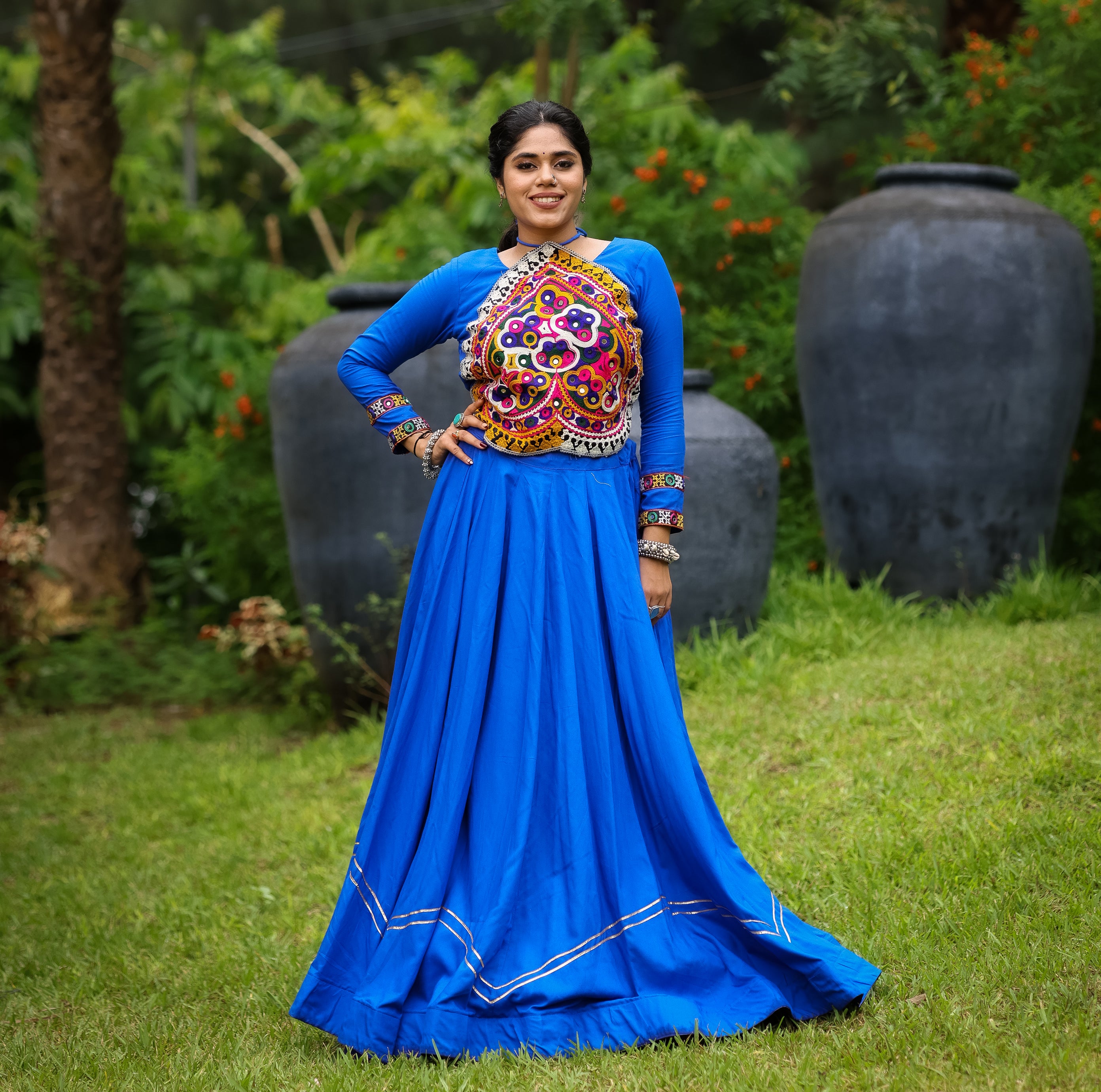 Royal Blue Navratri Lehenga Choli with Halter-Neck Kutchi Embroidered Bodice