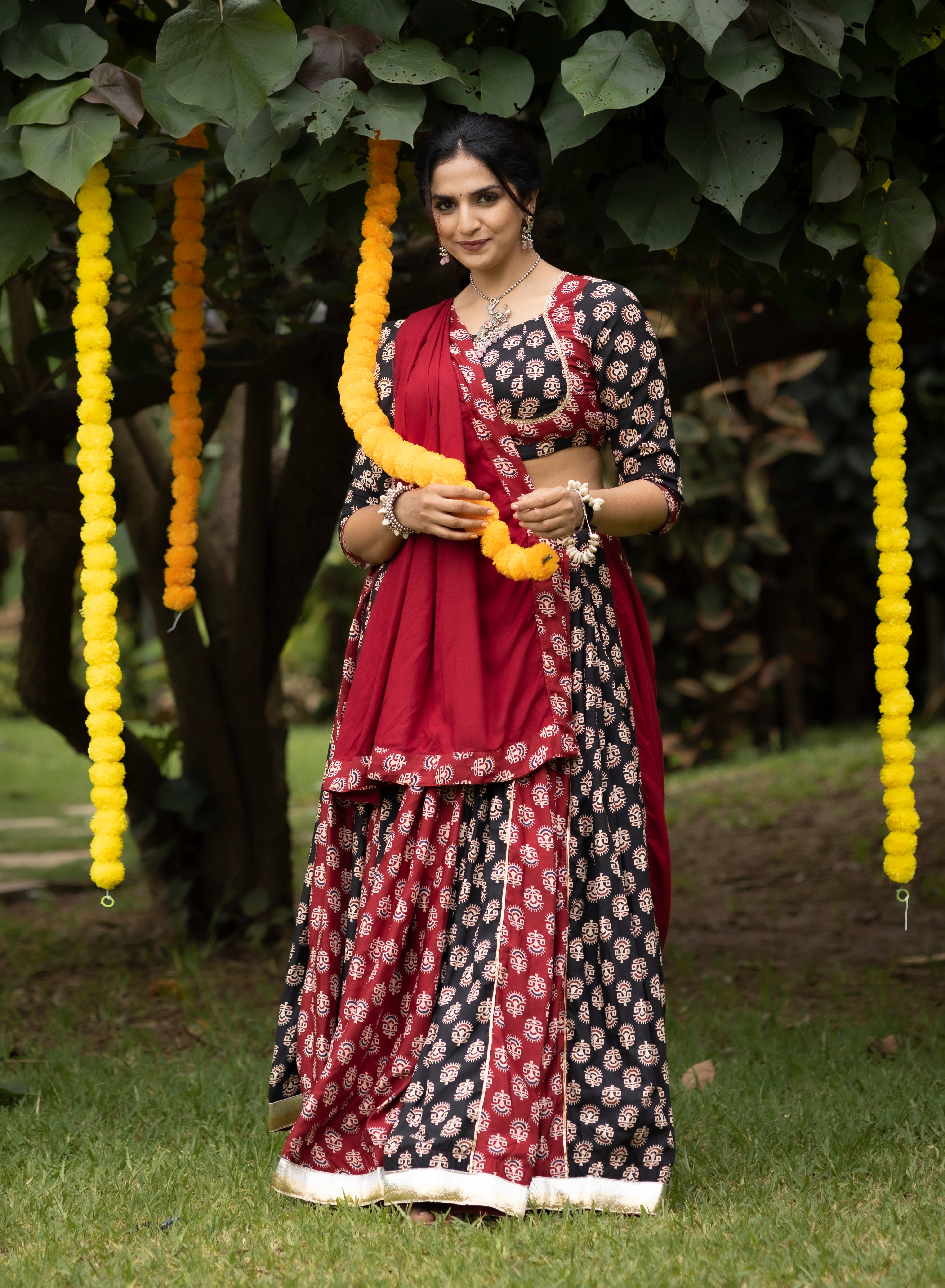 Ajrakh Print Black & Crimson Maroon Navratri Lehenga Choli Set
