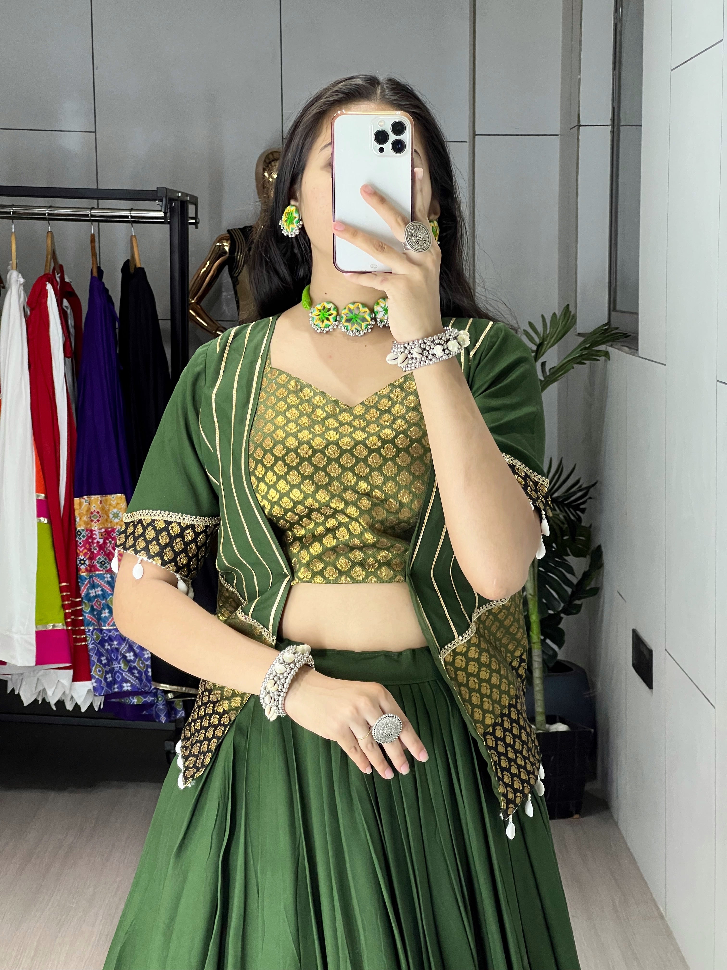Mehendi Color Ready Made Fancy Lehenga Koti Sets
