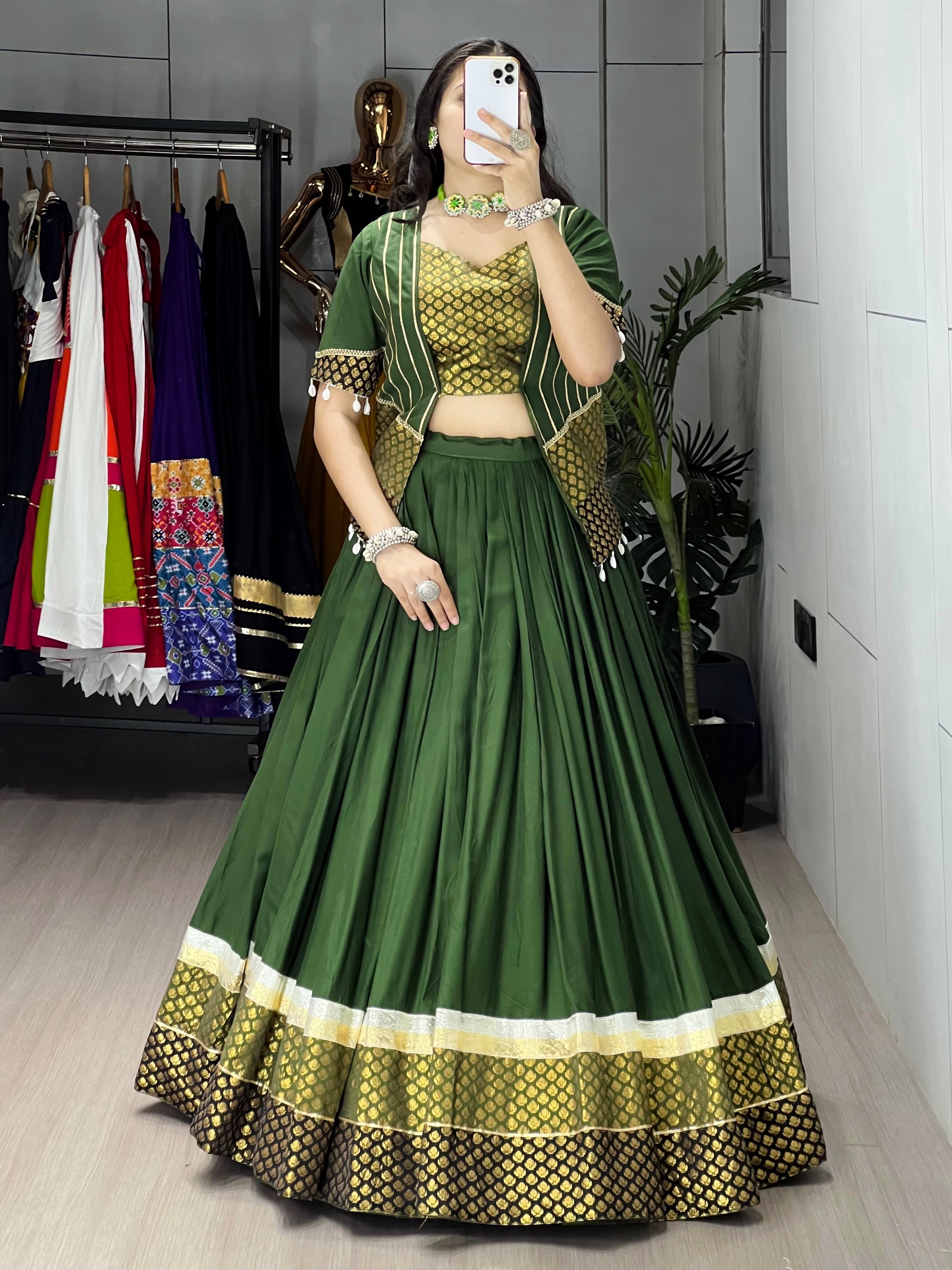 Mehendi Color Ready Made Fancy Lehenga Koti Sets