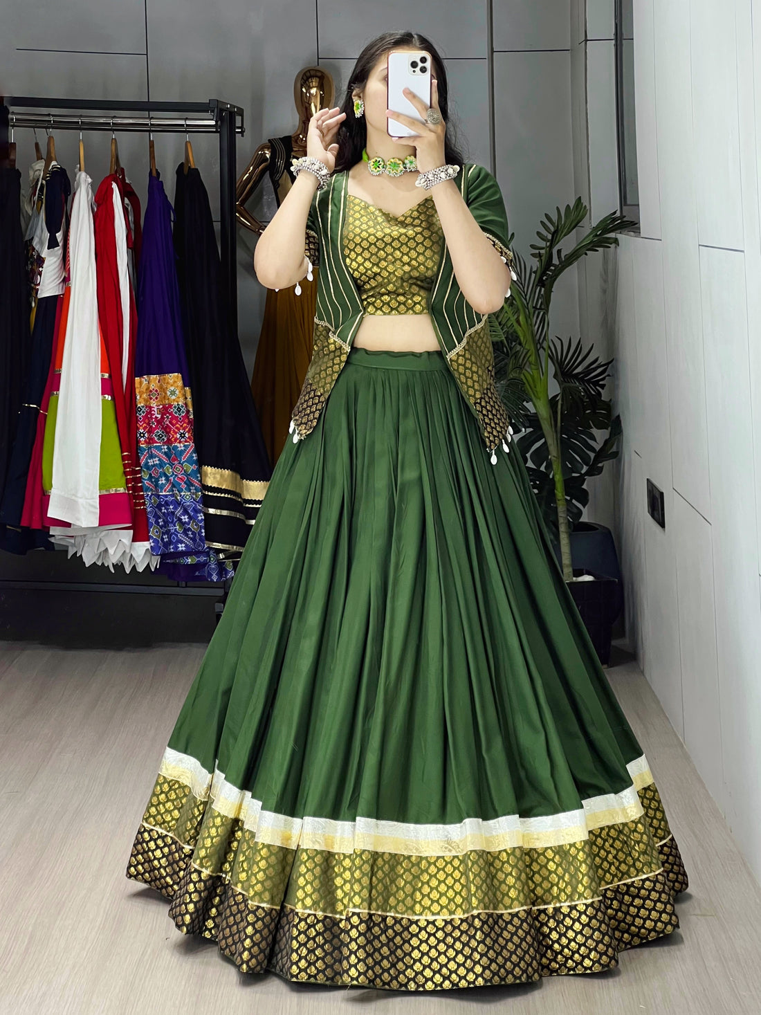 Mehendi Color Ready Made Fancy Lehenga Koti Sets
