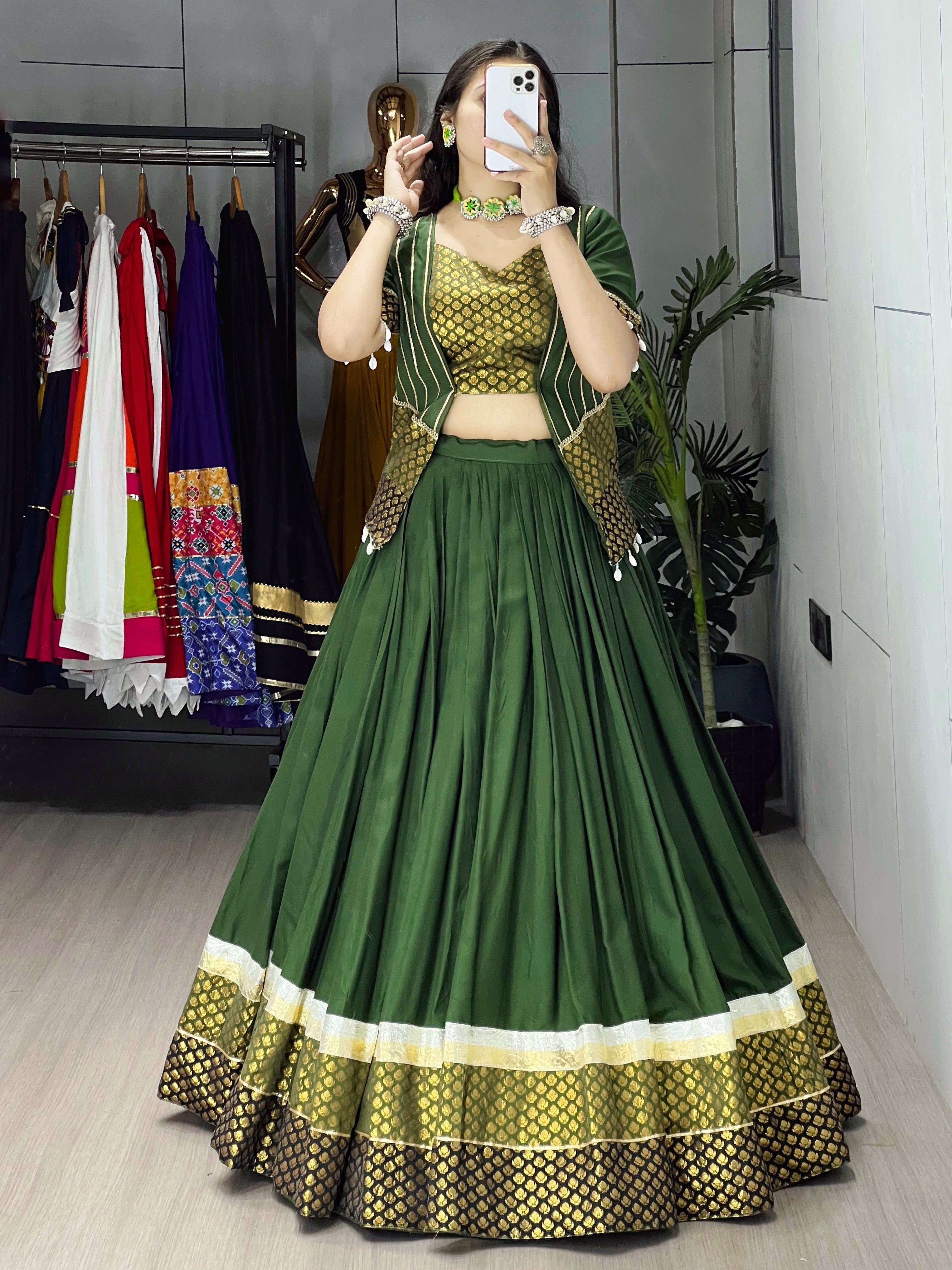 Mehendi Color Ready Made Fancy Lehenga Koti Sets
