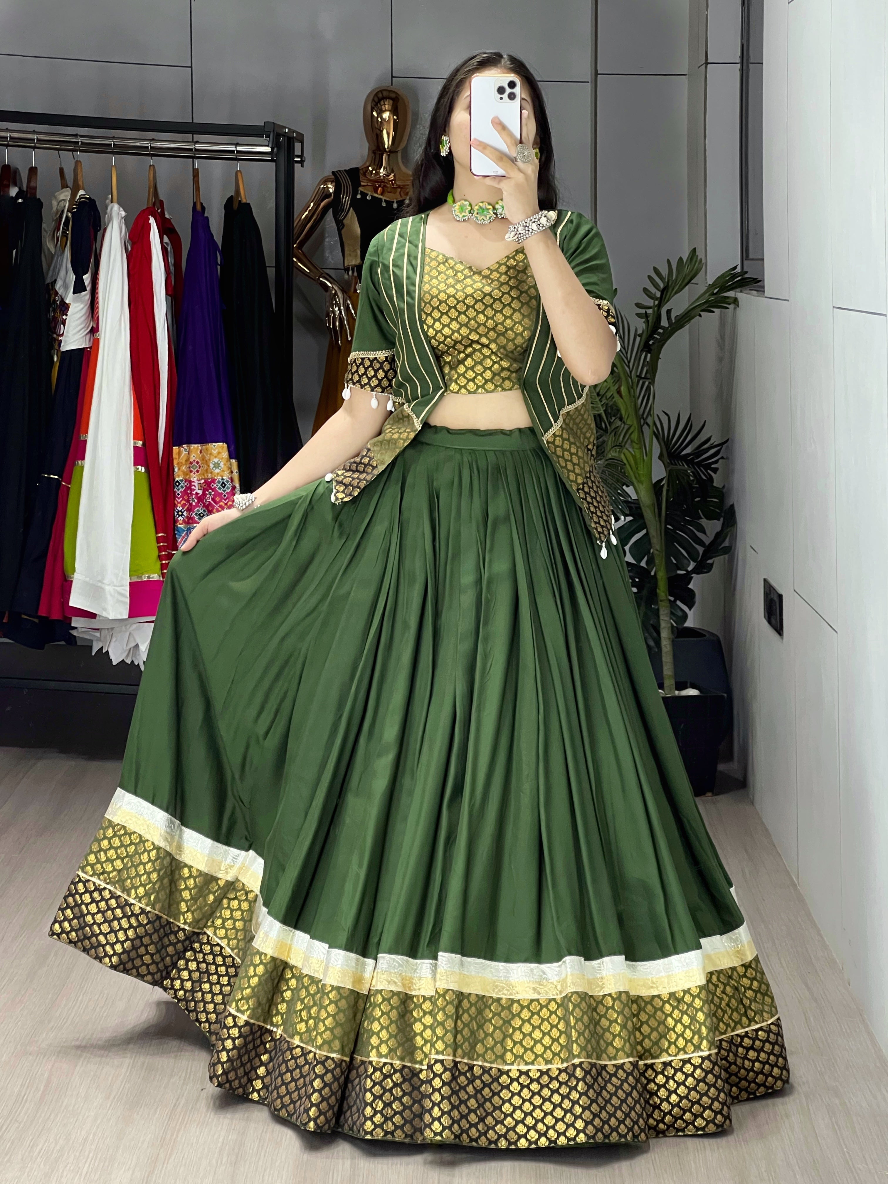 Mehendi Color Ready Made Fancy Lehenga Koti Sets