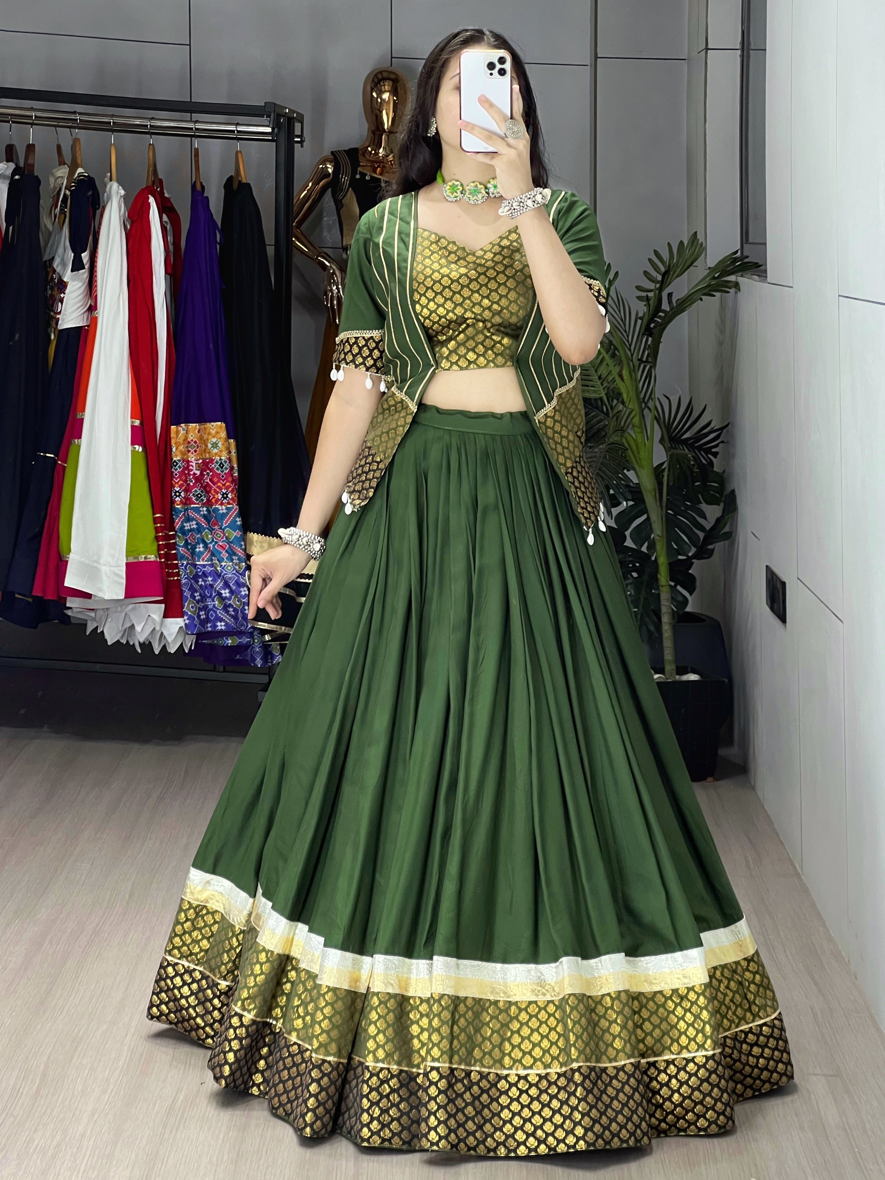 Mehendi Color Ready Made Fancy Lehenga Koti Sets