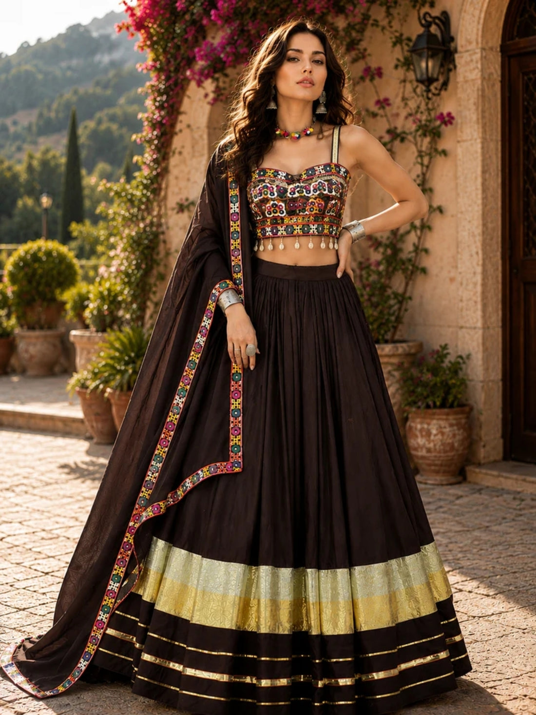 Brown Flared Chaniya Choli with Metallic Zari Borders & Shell Tassels - Lehenga Choli