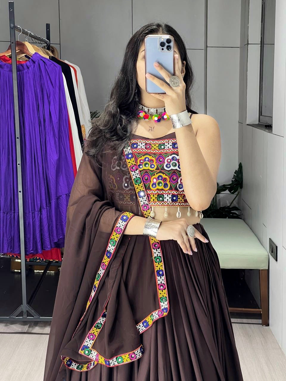 Traditional Heavy Flair Brown Chaniya Choli For Garba