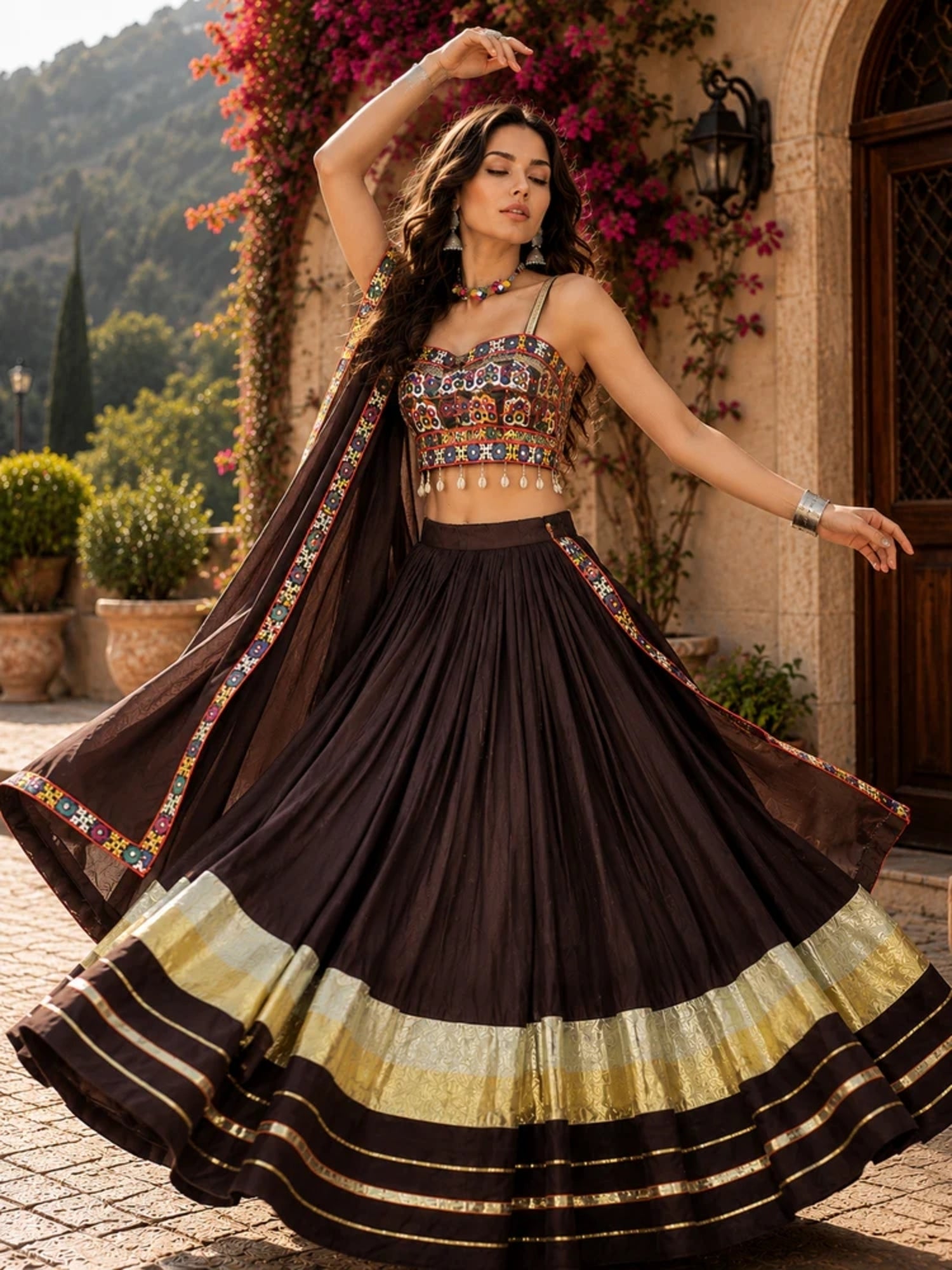 Brown Flared Chaniya Choli with Metallic Zari Borders & Shell Tassels