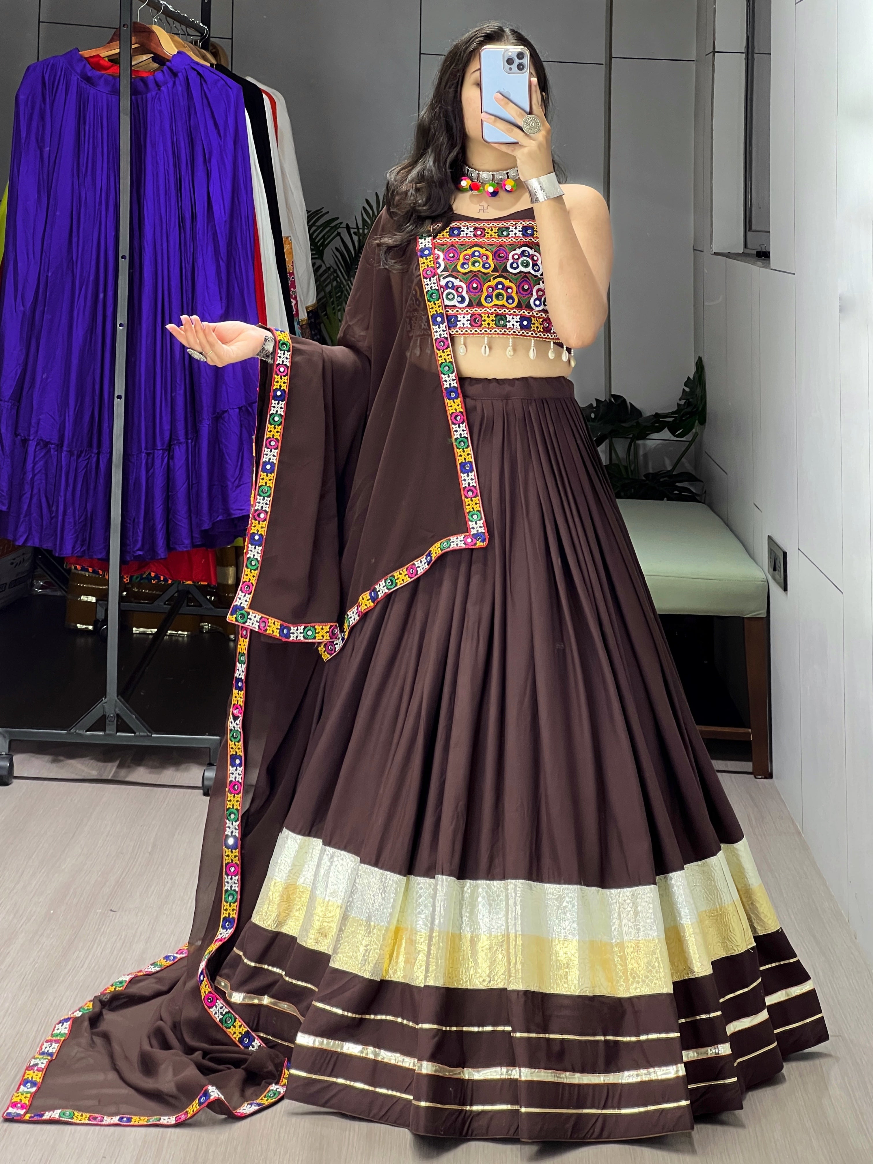 Traditional Heavy Flair Brown Chaniya Choli For Garba